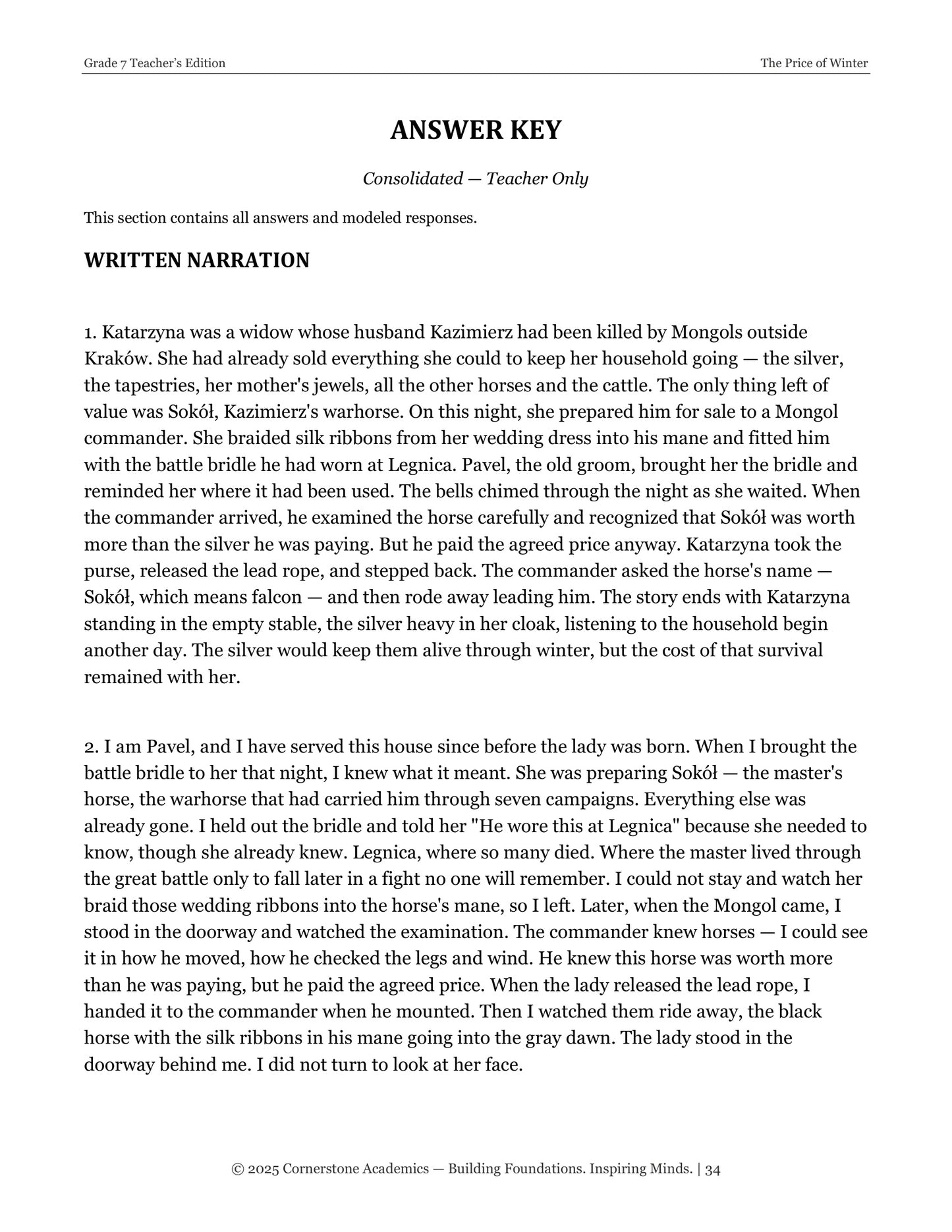 The Price of Winter | Grade 7 Classical Literature Packet | Cornerstone Academics