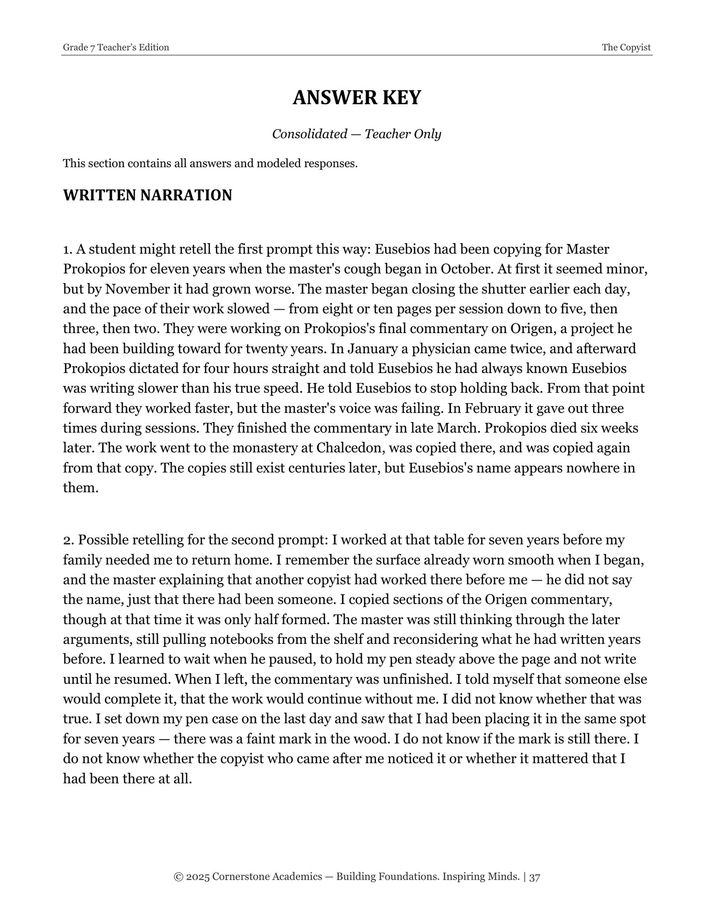 The Copyist | Grade 7 Classical Literature Packet | Cornerstone Academics