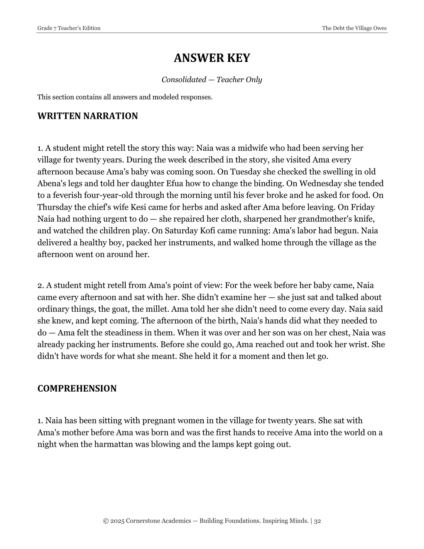 The Debt the Village Owes | Grade 7 Classical Literature Packet | Cornerstone Academics
