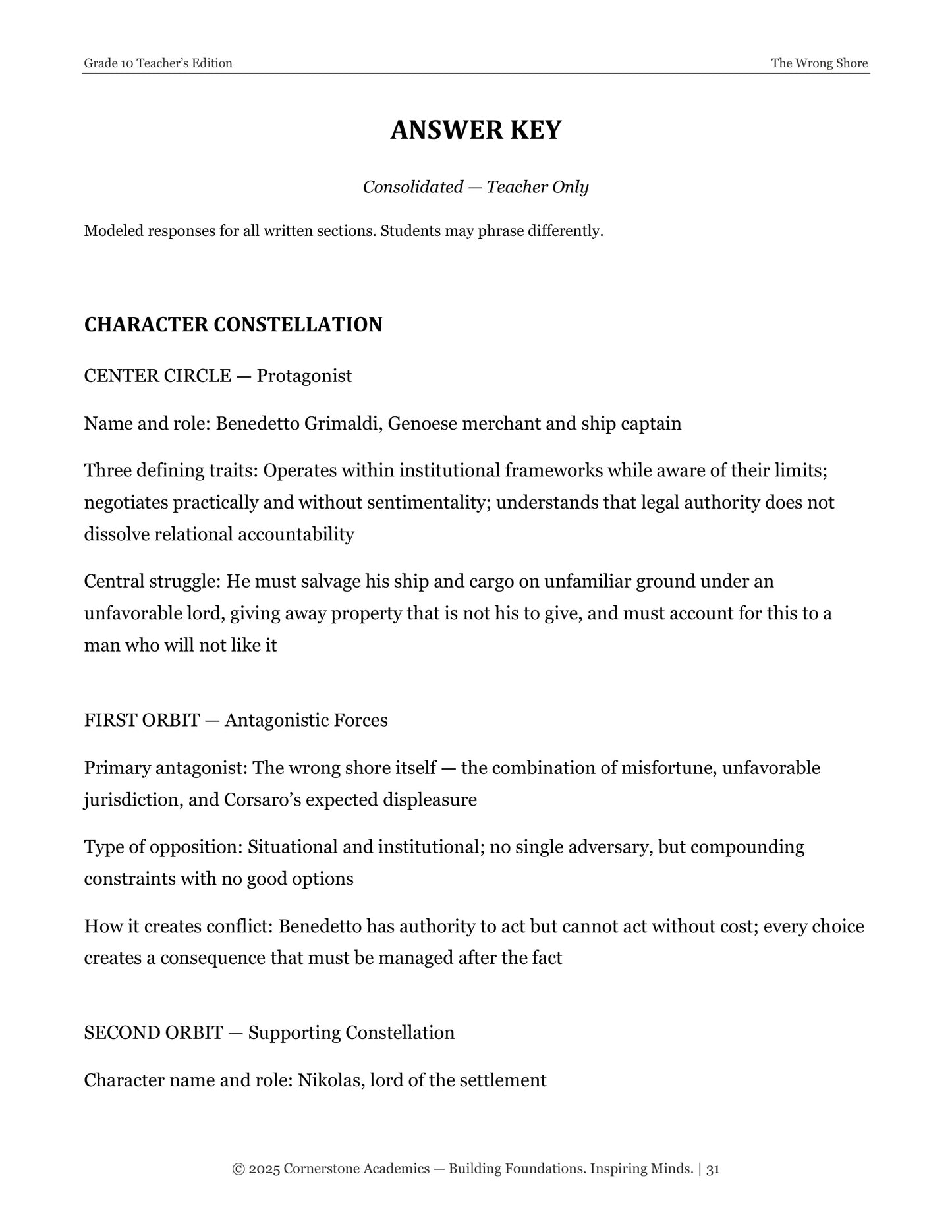 The Wrong Shore | Grade 10 Classical Literature Packet | Cornerstone Academics
