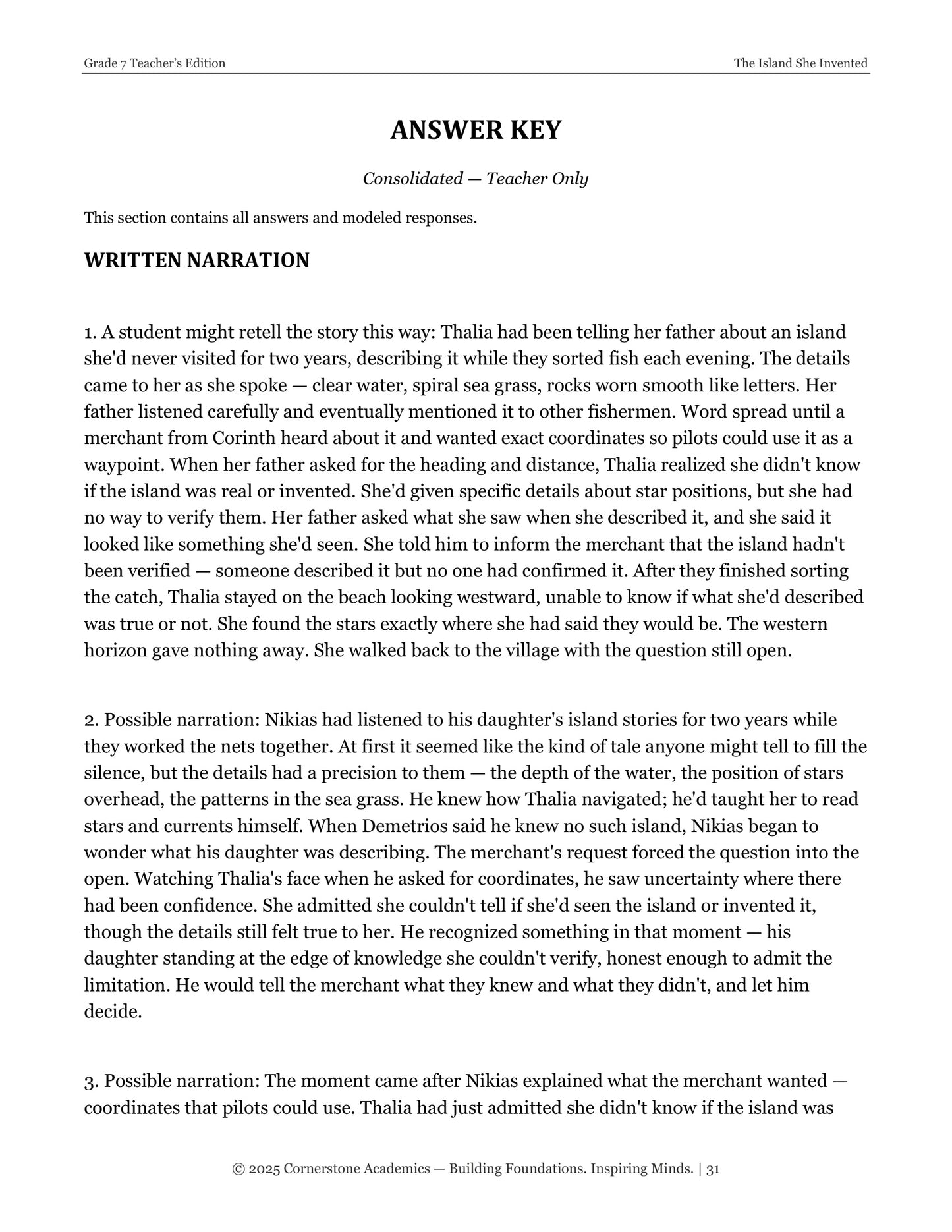 The Island She Invented | Grade 7 Classical Literature Packet | Cornerstone Academics
