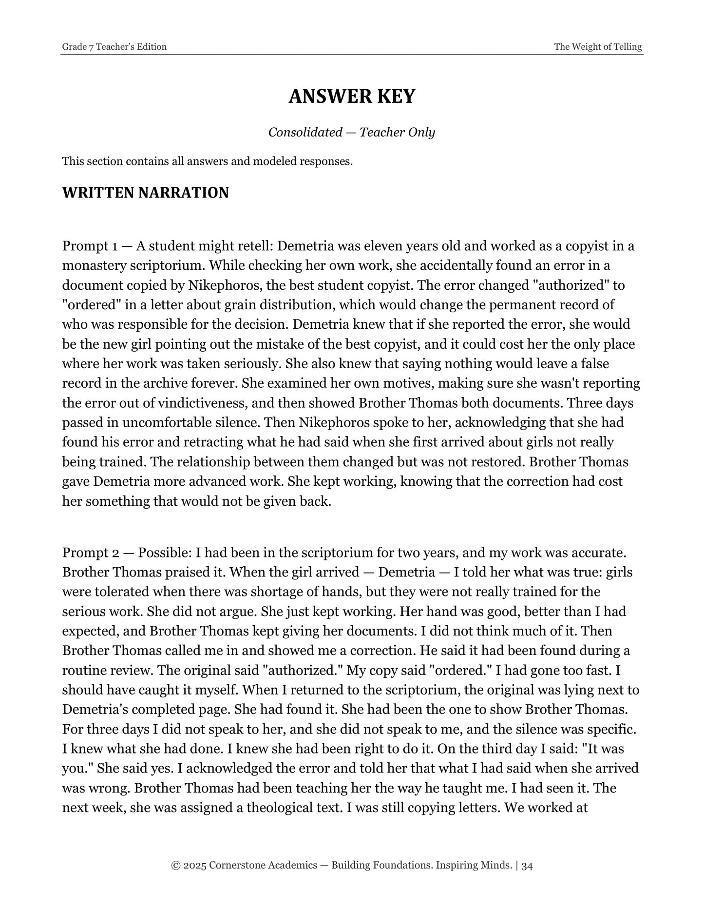 The Weight of Telling | Grade 7 Classical Literature Packet | Cornerstone Academics