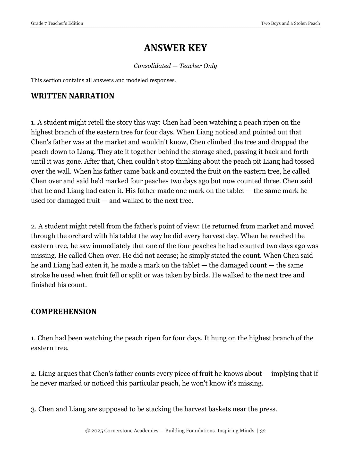 Two Boys and a Stolen Peach | Grade 7 Classical Literature Packet | Cornerstone Academics