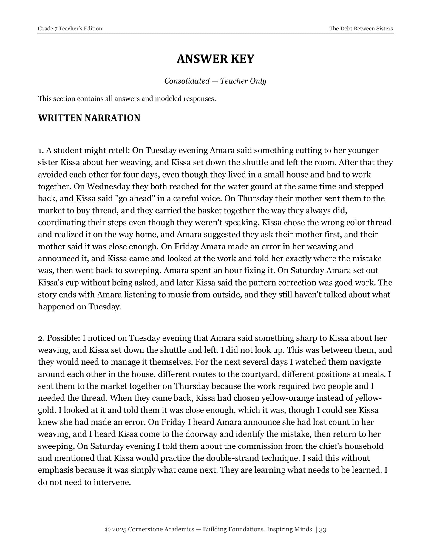 The Debt Between Sisters | Grade 7 Classical Literature Packet | Cornerstone Academics