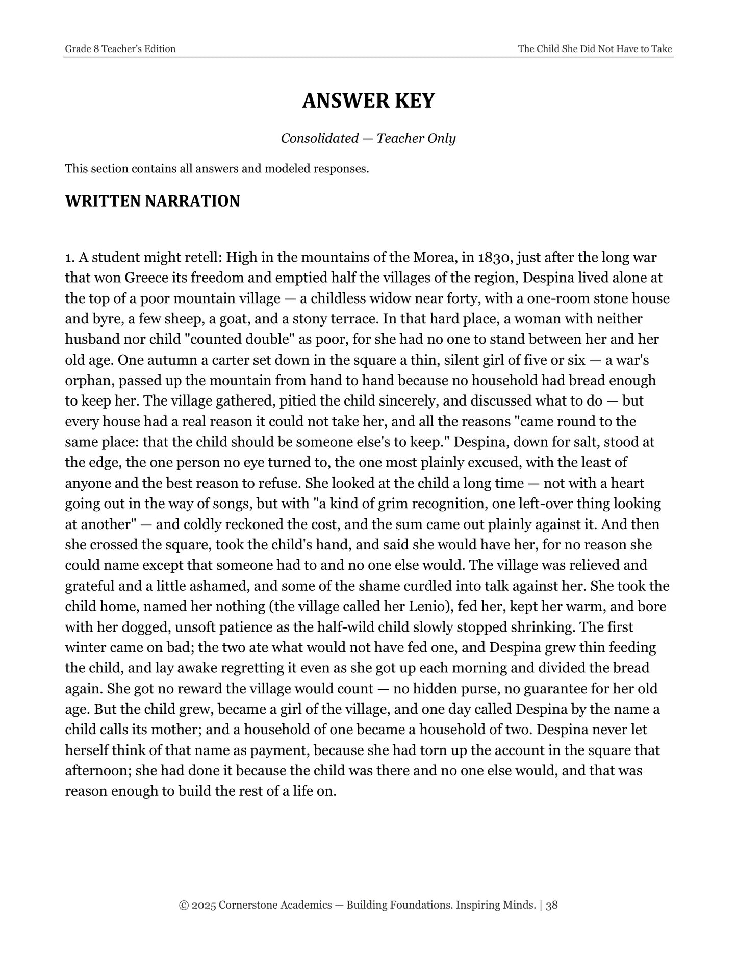 The Child She Did Not Have to Take | Grade 8 Classical Literature Packet | Cornerstone Academics