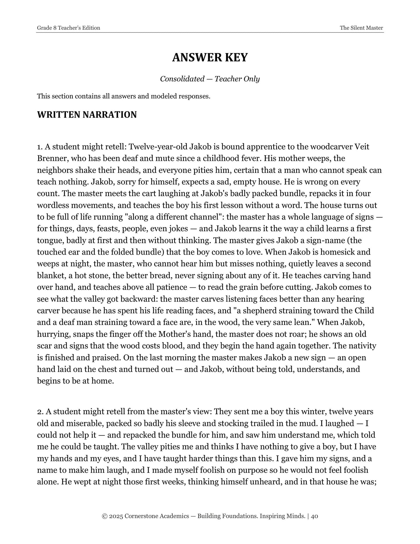 The Silent Master | Grade 8 Classical Literature Packet | Cornerstone Academics
