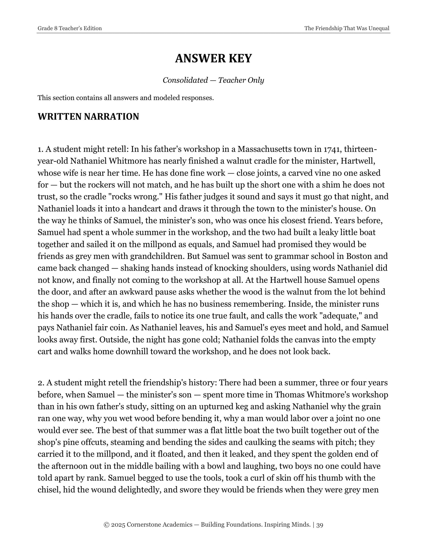 The Friendship That Was Unequal | Grade 8 Classical Literature Packet | Cornerstone Academics