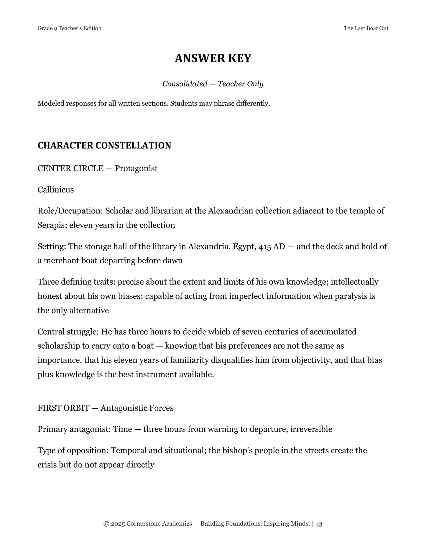 The Last Boat Out | Grade 9 Classical Literature Packet | Cornerstone Academics