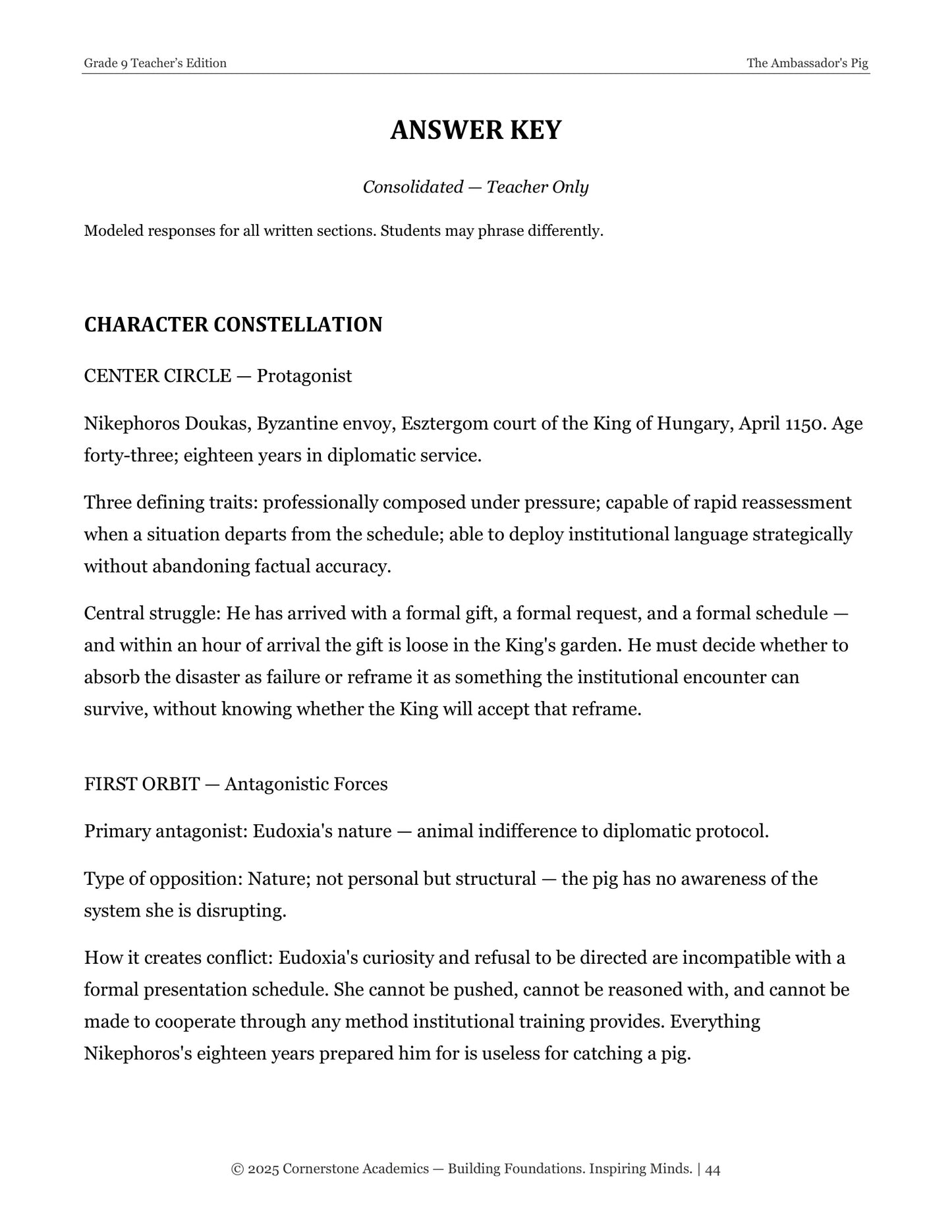 The Ambassador's Pig | Grade 9 Classical Literature Packet | Cornerstone Academics