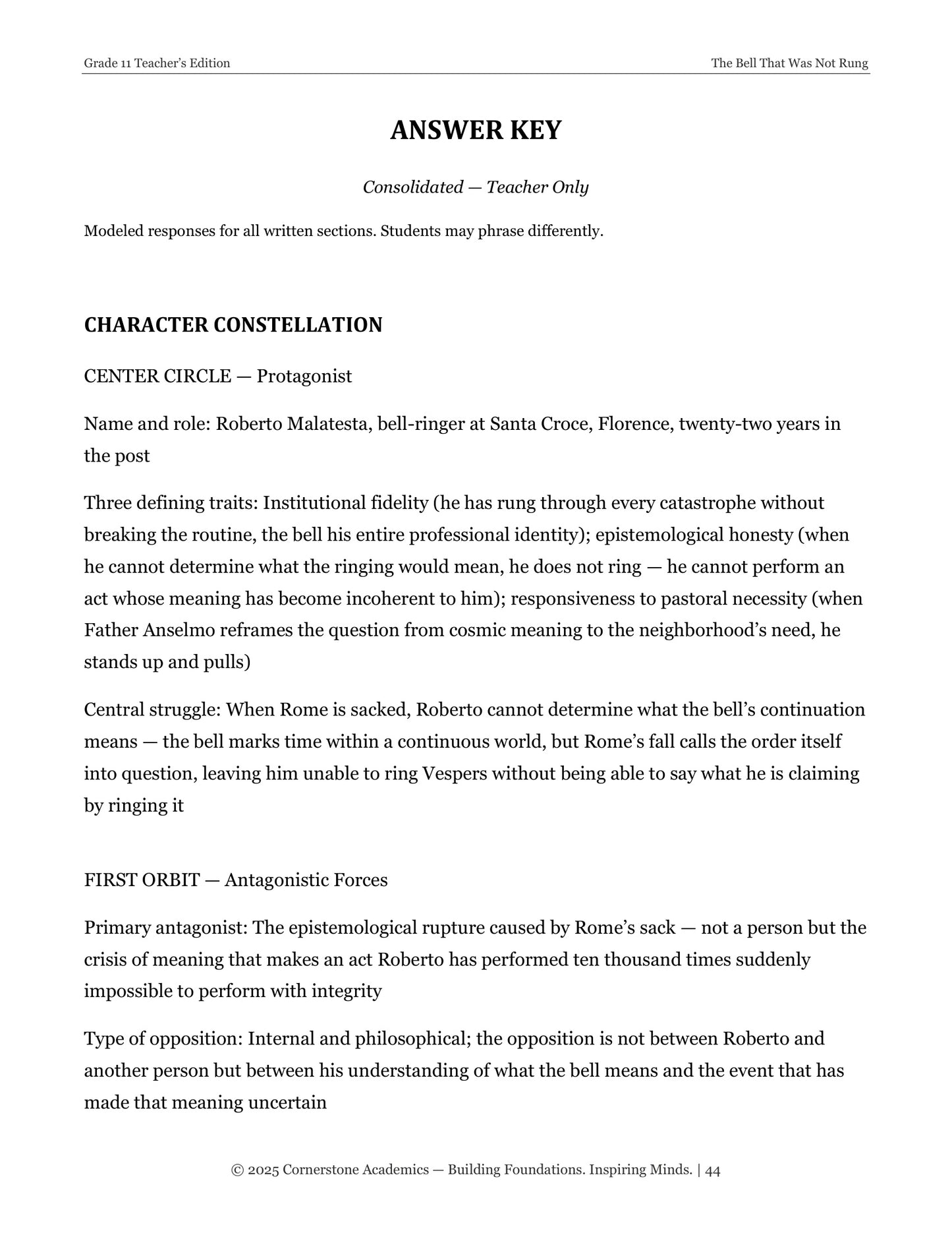 The Bell That Was Not Rung | Grade 11 Classical Literature Packet | Cornerstone Academics