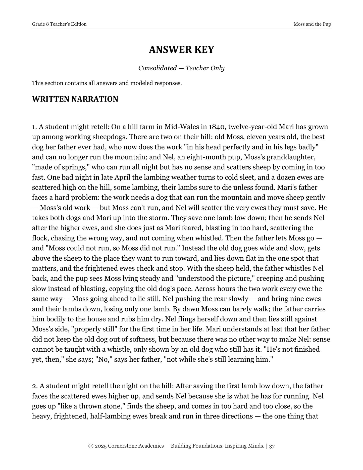 Moss and the Pup | Grade 8 Classical Literature Packet | Cornerstone Academics