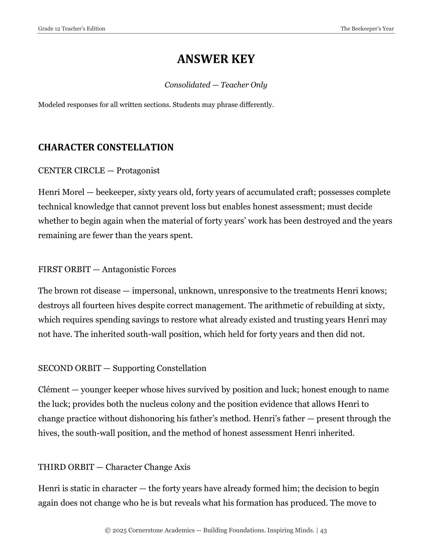 The Beekeeper’s Year | Grade 12 Classical Literature Packet | Cornerstone Academics