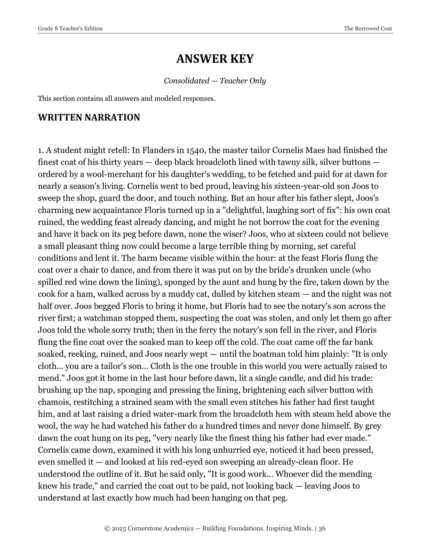 The Borrowed Coat | Grade 8 Classical Literature Packet | Cornerstone Academics