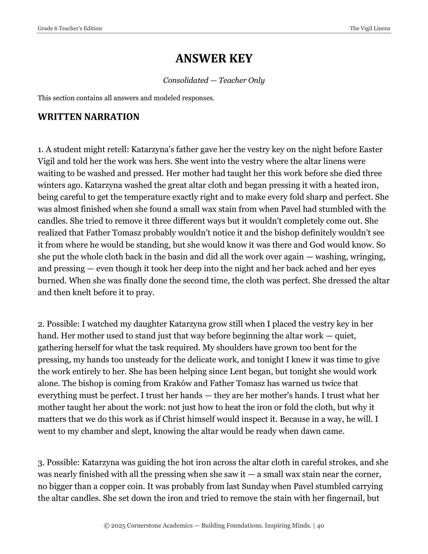 The Vigil Linens | Grade 6 Classical Literature Packet | Cornerstone Academics