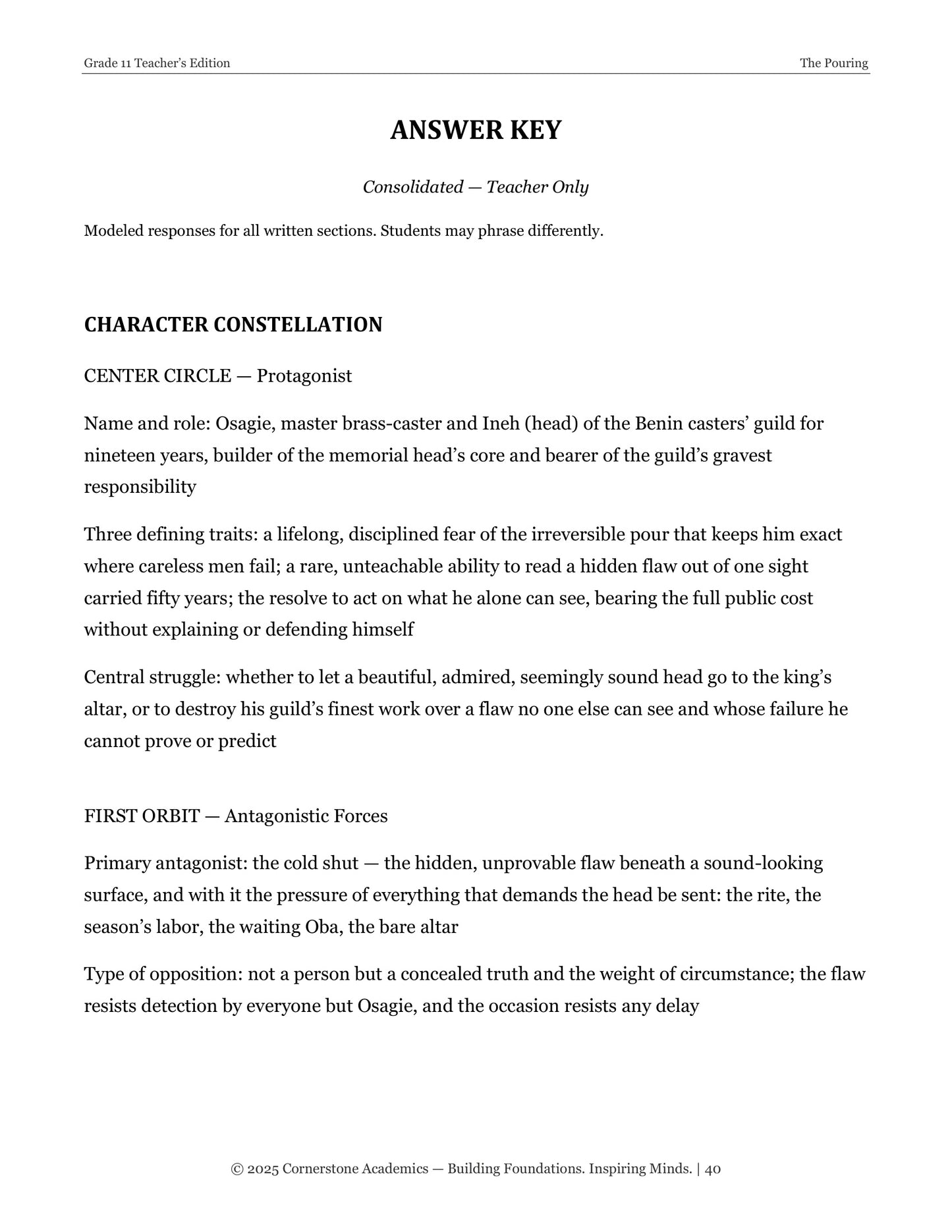 The Pouring | Grade 11 Classical Literature Packet | Cornerstone Academics
