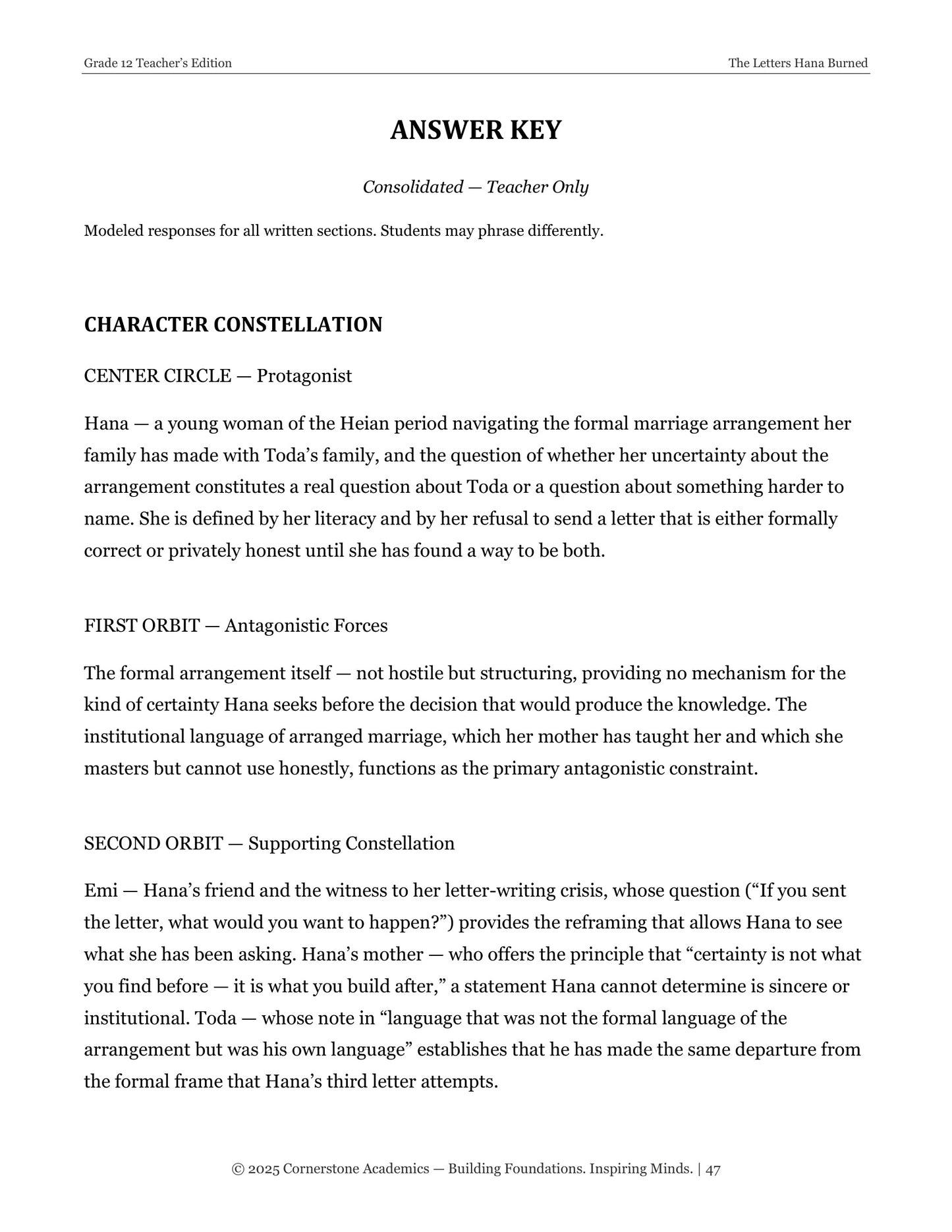The Letters Hana Burned | Grade 12 Classical Literature Packet | Cornerstone Academics