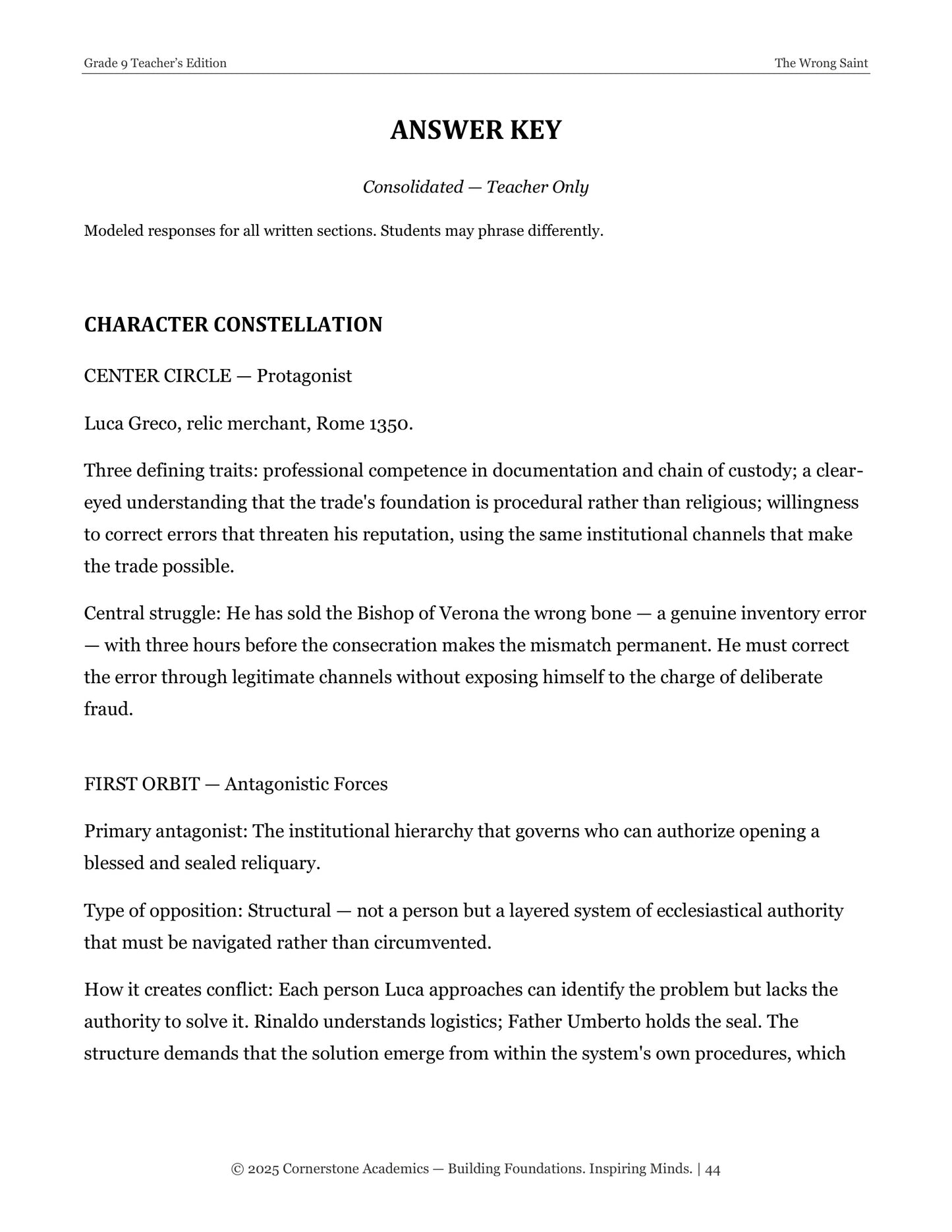 The Wrong Saint | Grade 9 Classical Literature Packet | Cornerstone Academics