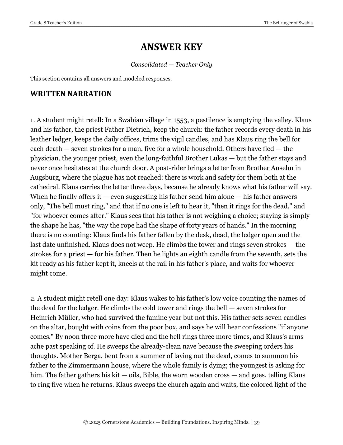 The Bellringer of Swabia | Grade 8 Classical Literature Packet | Cornerstone Academics