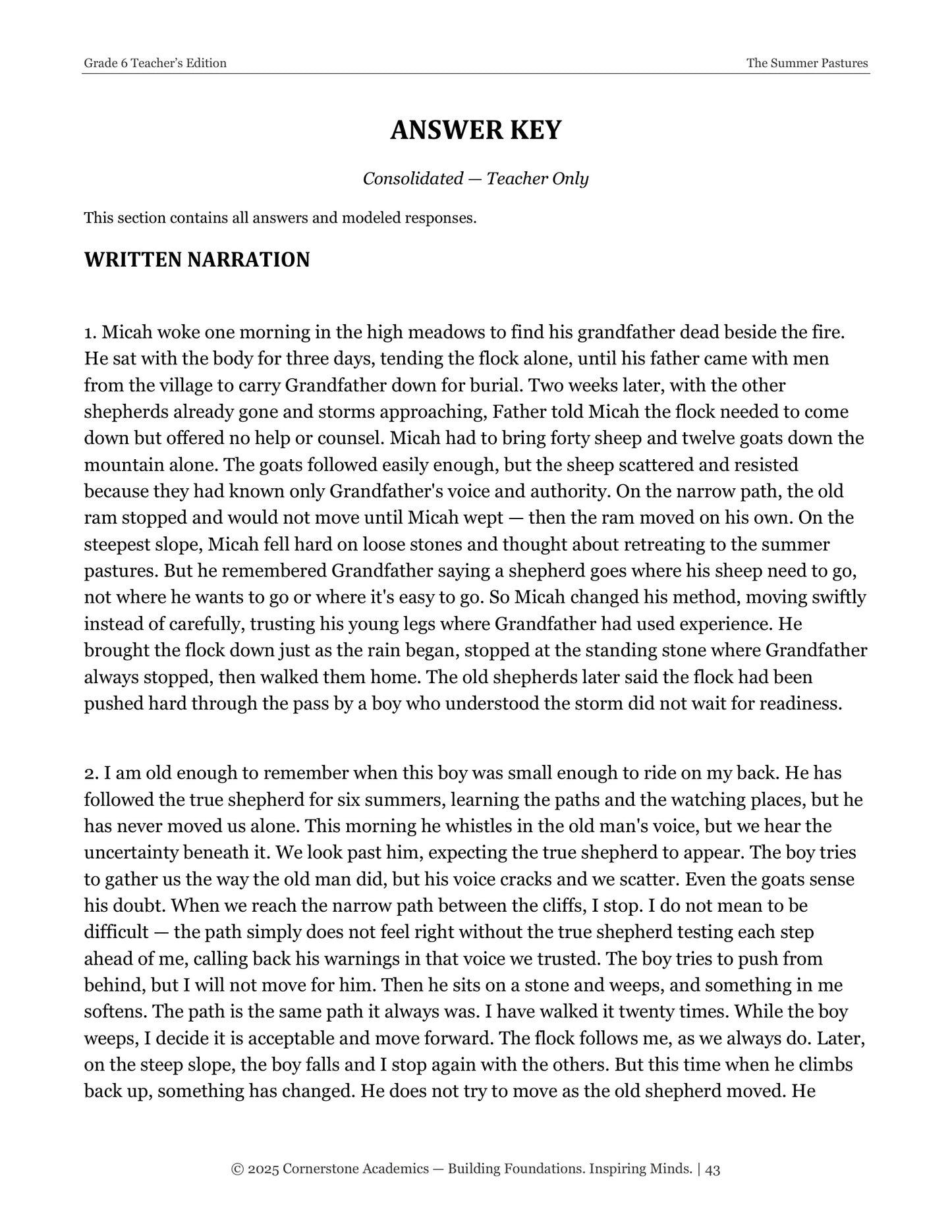 The Summer Pastures | Grade 6 Classical Literature Packet | Cornerstone Academics