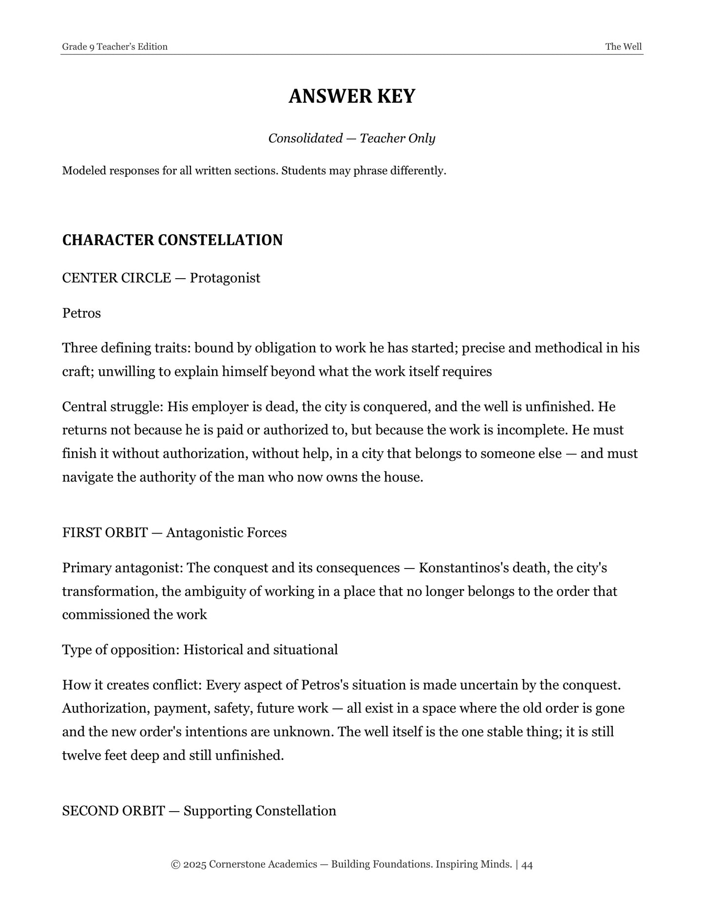 The Well | Grade 9 Classical Literature Packet | Cornerstone Academics