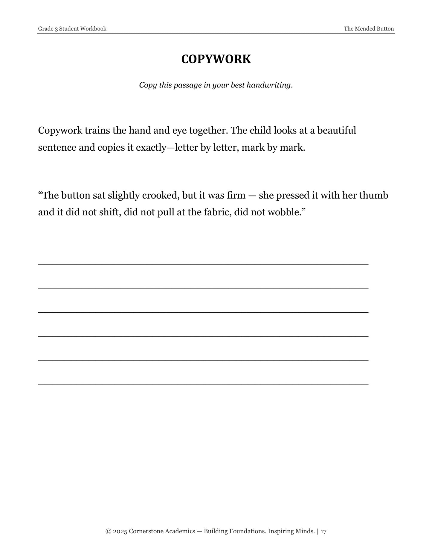 The Mended Button | Grade 3 Classical Literature Packet | Cornerstone Academics