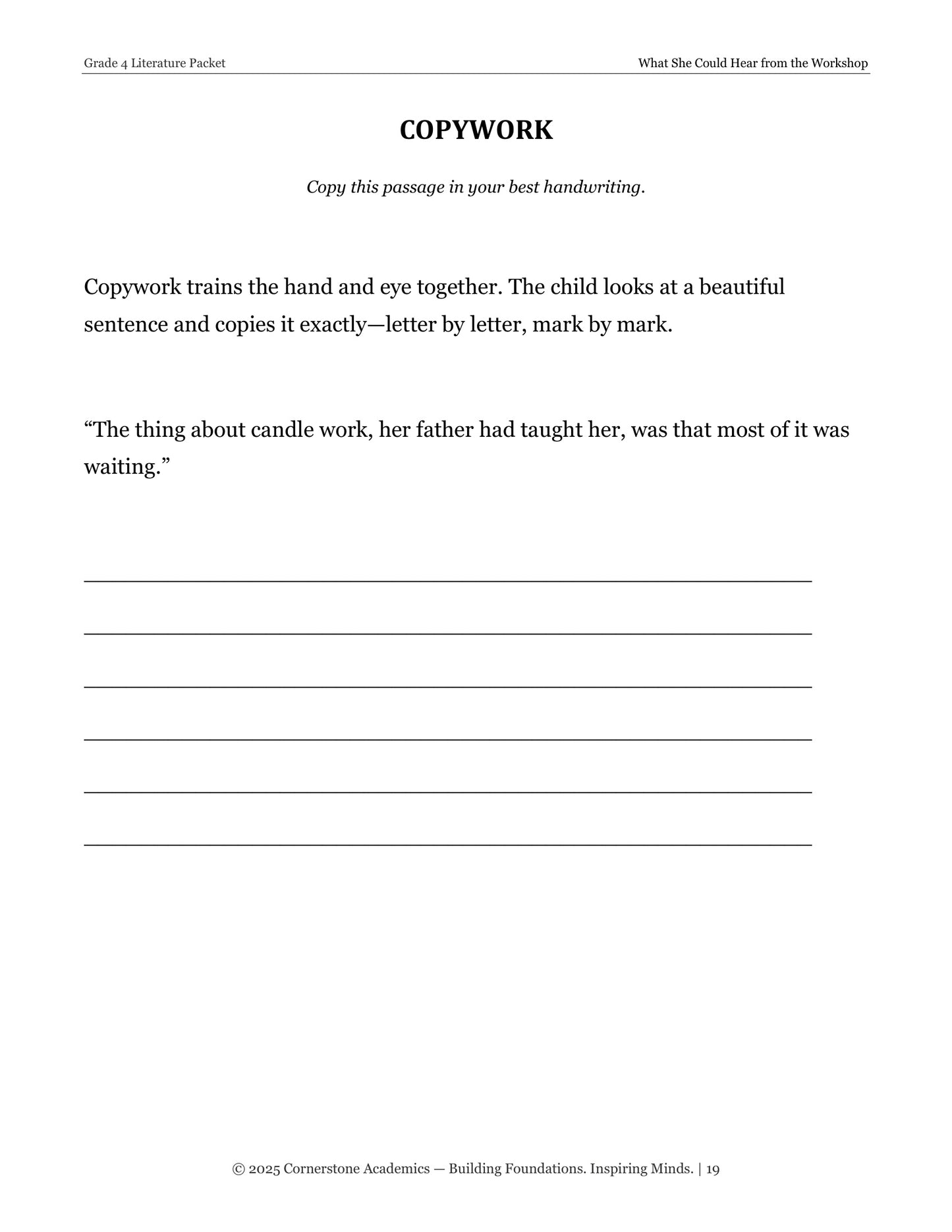 Copywork page from What She Could Hear from the Workshop, Grade 4 literature packet