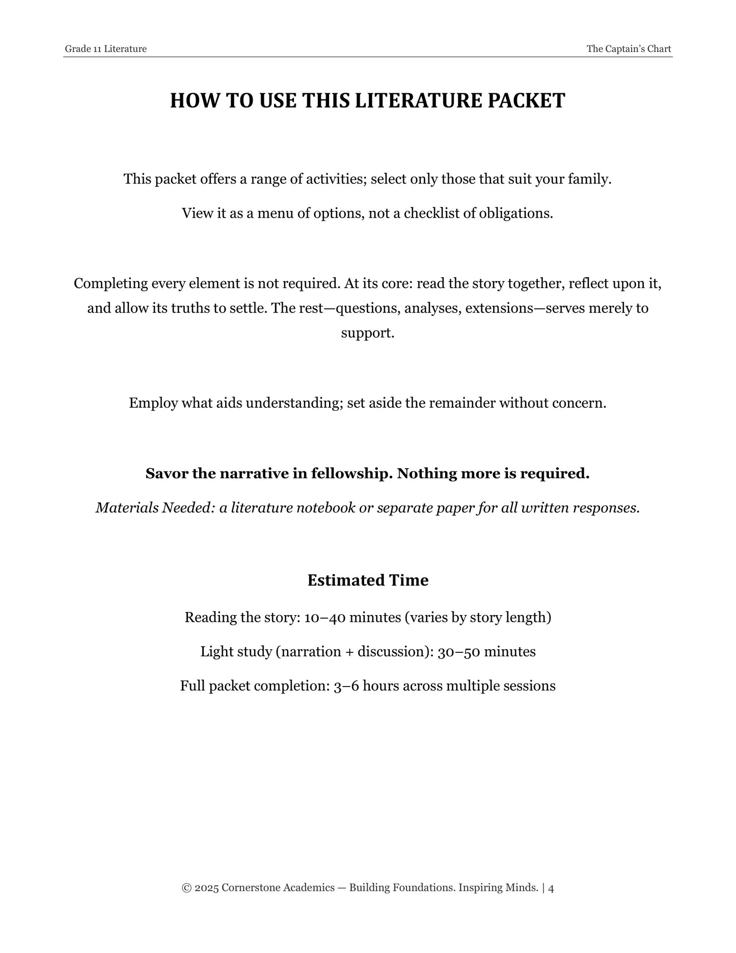 The Captain's Chart | Grade 11 Classical Literature Packet | Cornerstone Academics