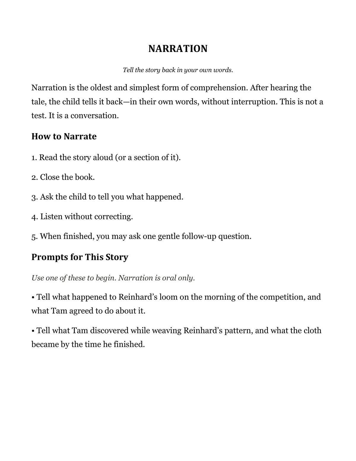 Narration prompts page from The Weaver's Trust and Other Fairy Tales, Grade 4 literature packet