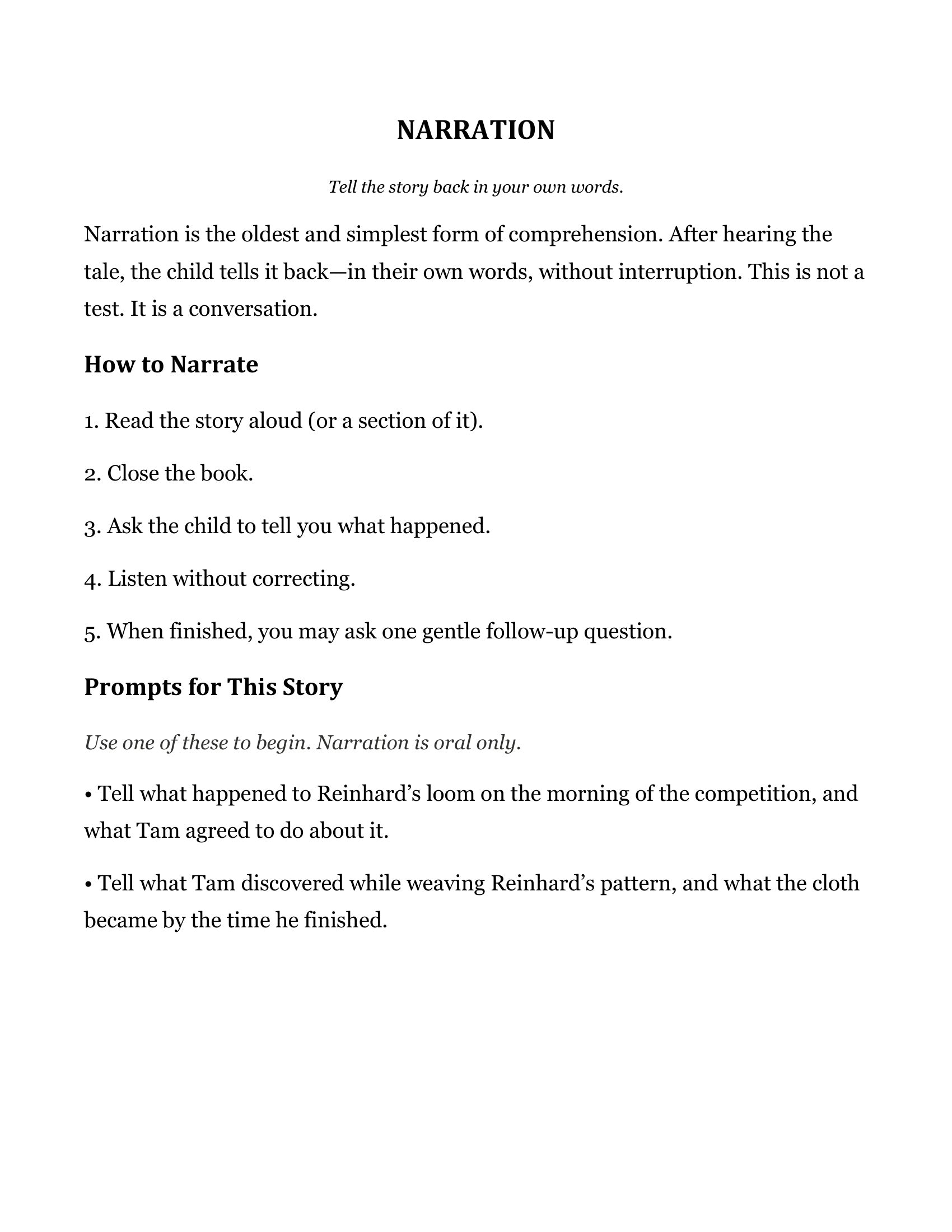 Narration prompts page from The Weaver's Trust and Other Fairy Tales, Grade 4 literature packet