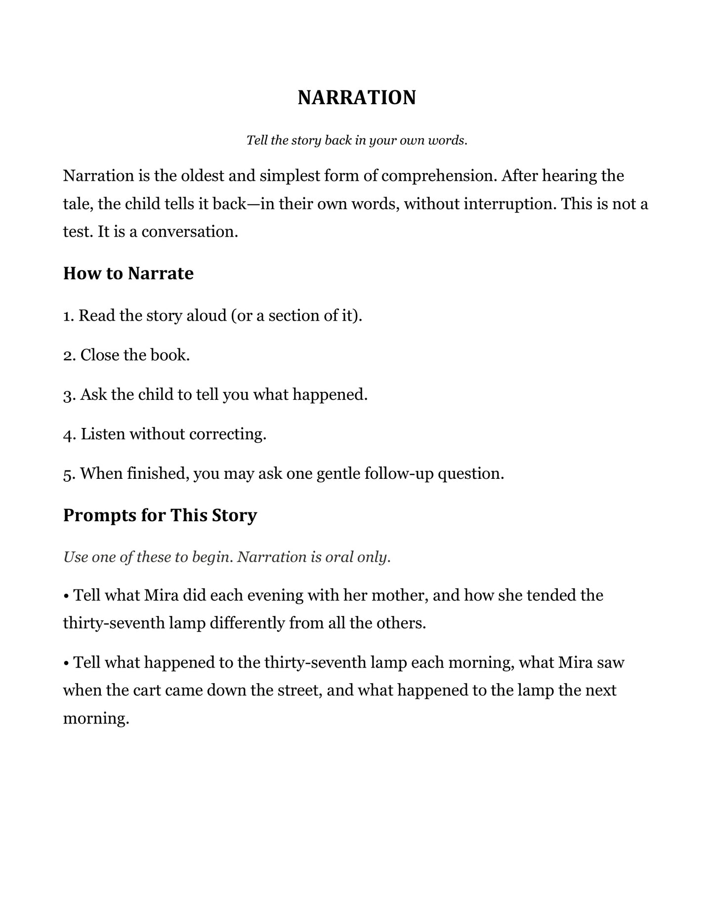 Narration prompts page from The Lamp That Would Not Die and Other Fairy Tales, Grade 4 literature packet