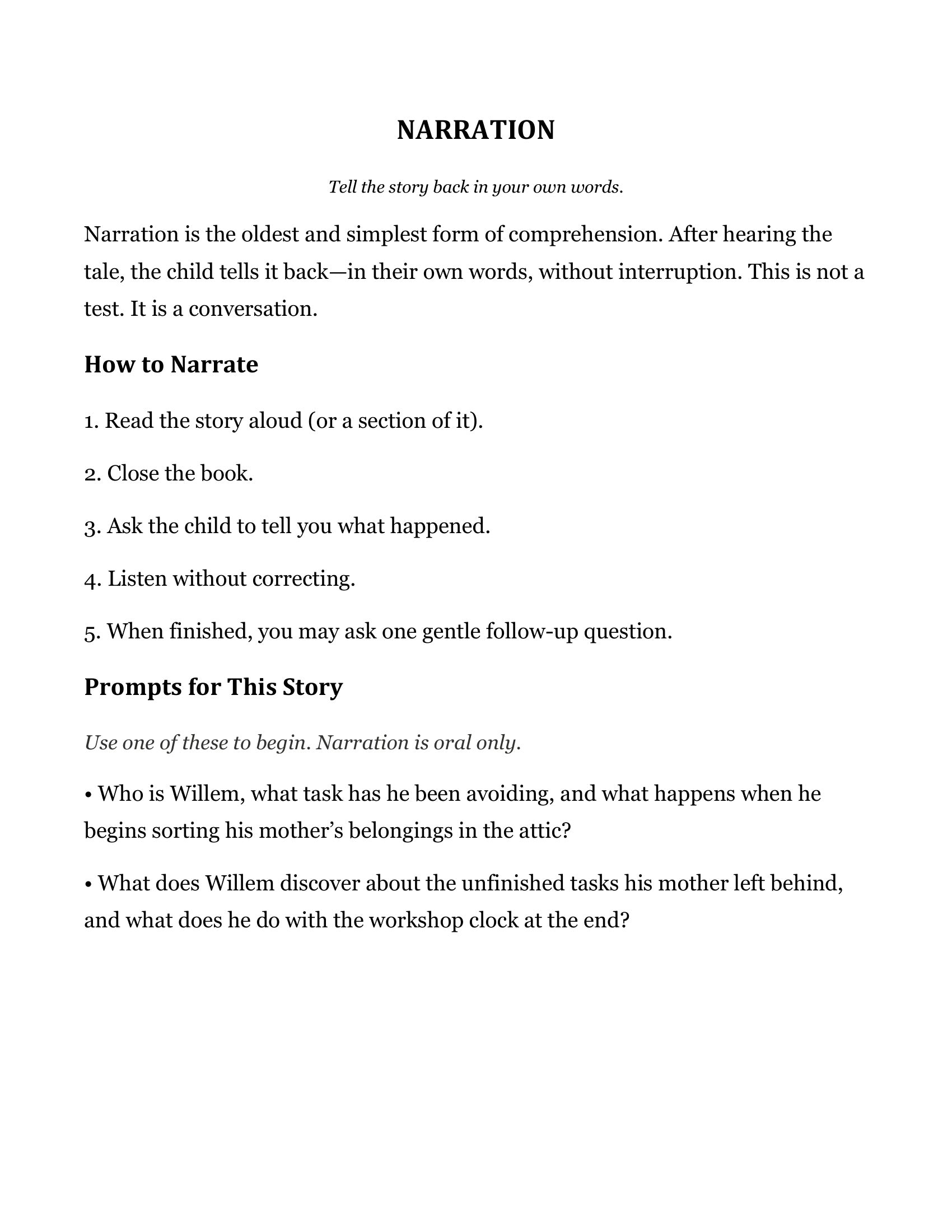 Narration prompts page from The Clockmaker's Son and Other Fairy Tales, Grade 4 literature packet