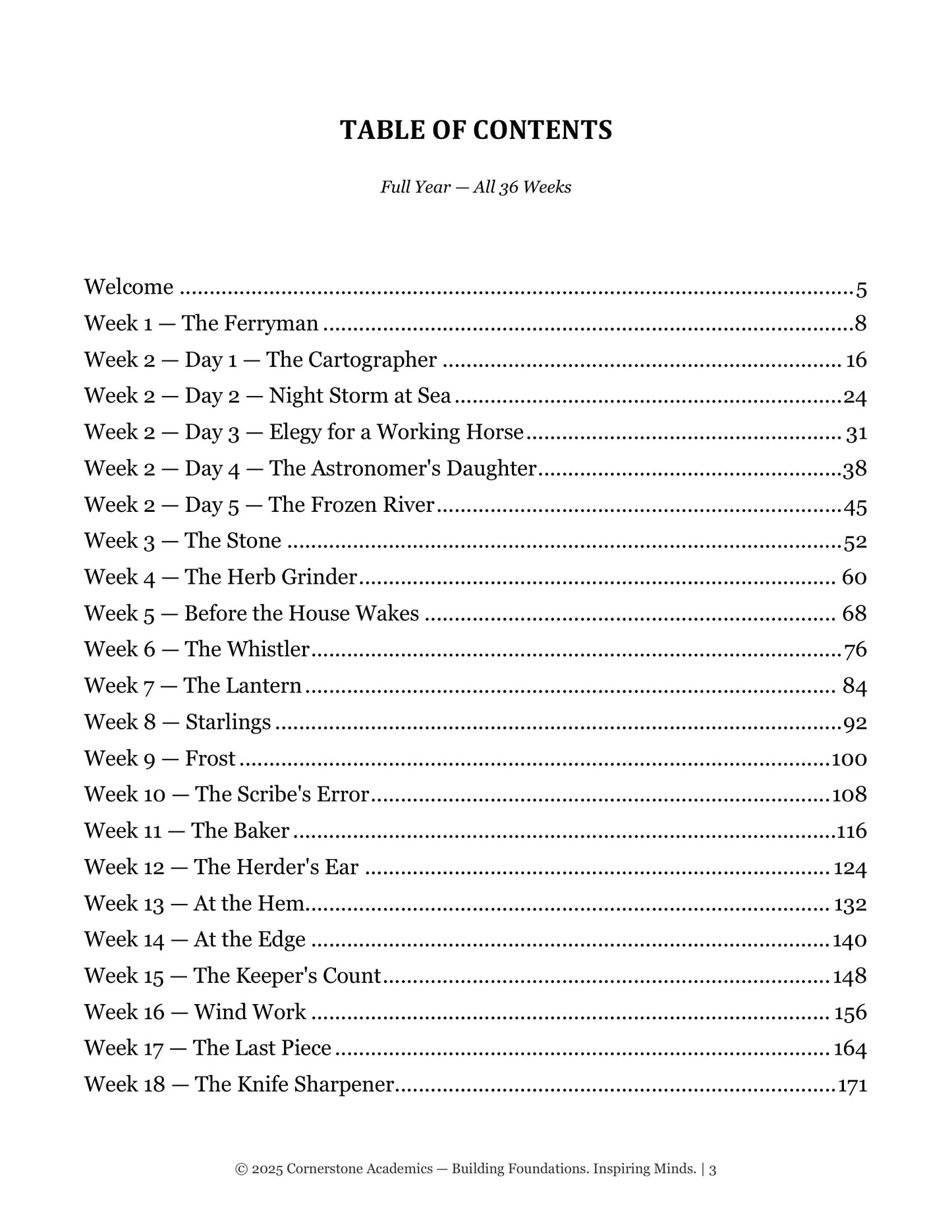Table of contents from Grade 4 Literature Poetry Companion Student Workbook, Grade 4 homeschool curriculum