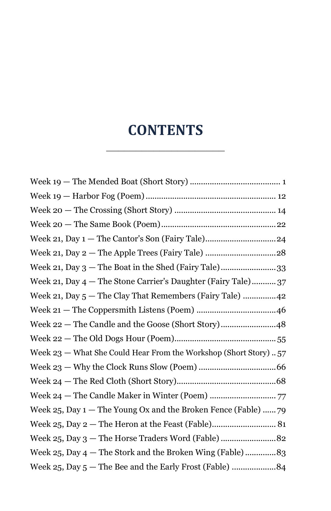 Table of contents from Grade 4 Literature Student Anthology Set, Grade 4 homeschool curriculum