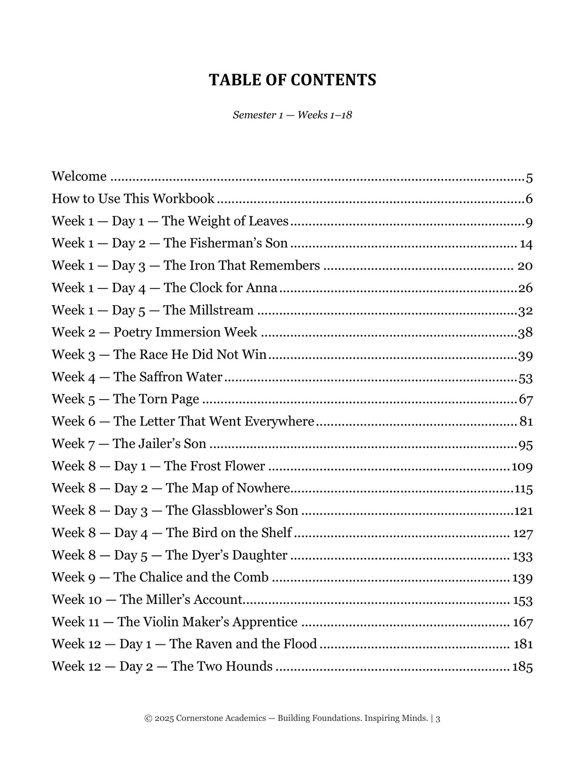 Table of contents from Grade 4 Literature Student Workbook Set, Grade 4 homeschool curriculum