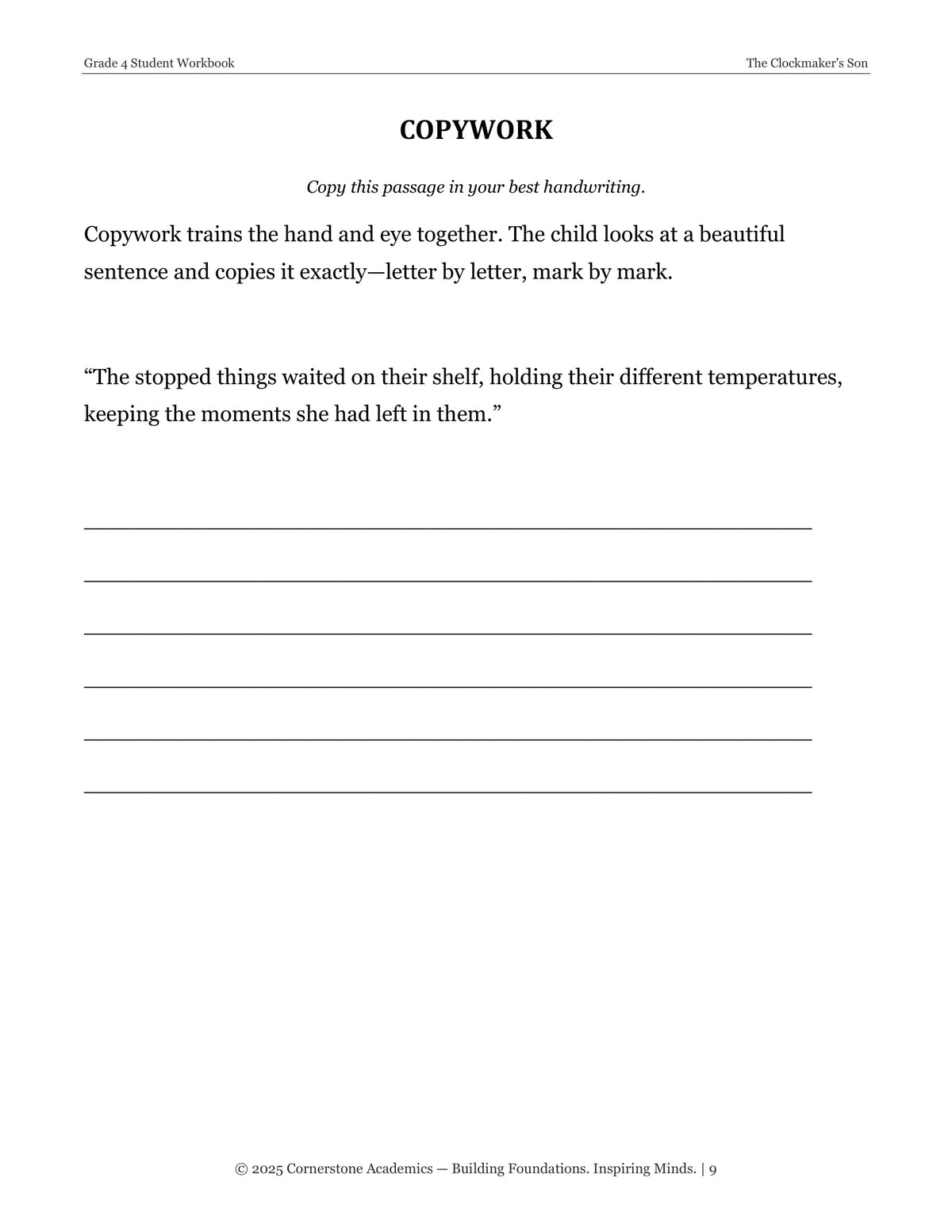 Copywork page from The Clockmaker's Son and Other Fairy Tales, Grade 4 literature packet