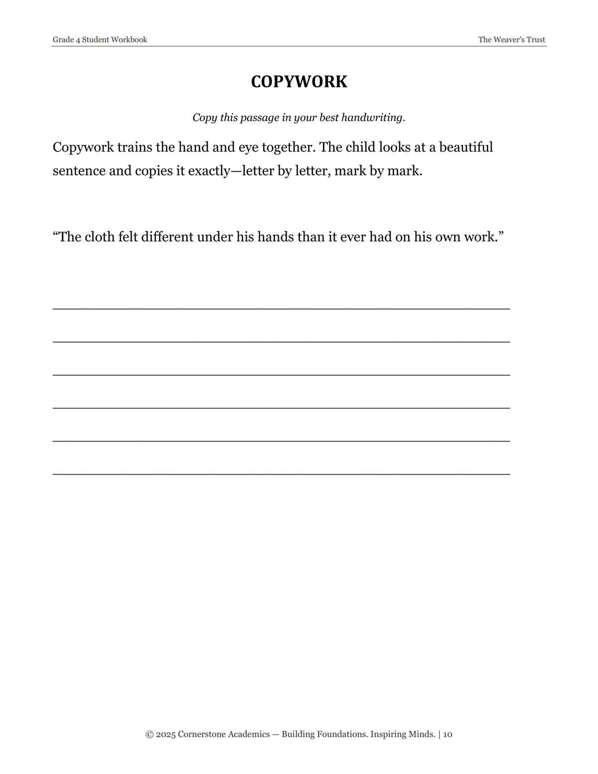 Copywork page from The Weaver's Trust and Other Fairy Tales, Grade 4 literature packet