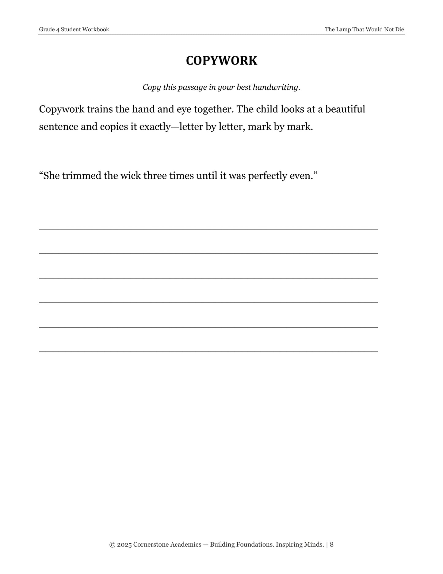 Copywork page from The Lamp That Would Not Die and Other Fairy Tales, Grade 4 literature packet