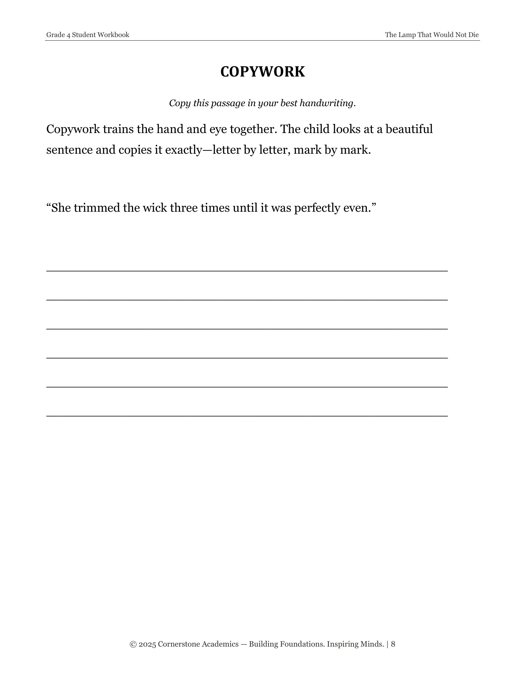 Copywork page from The Lamp That Would Not Die and Other Fairy Tales, Grade 4 literature packet