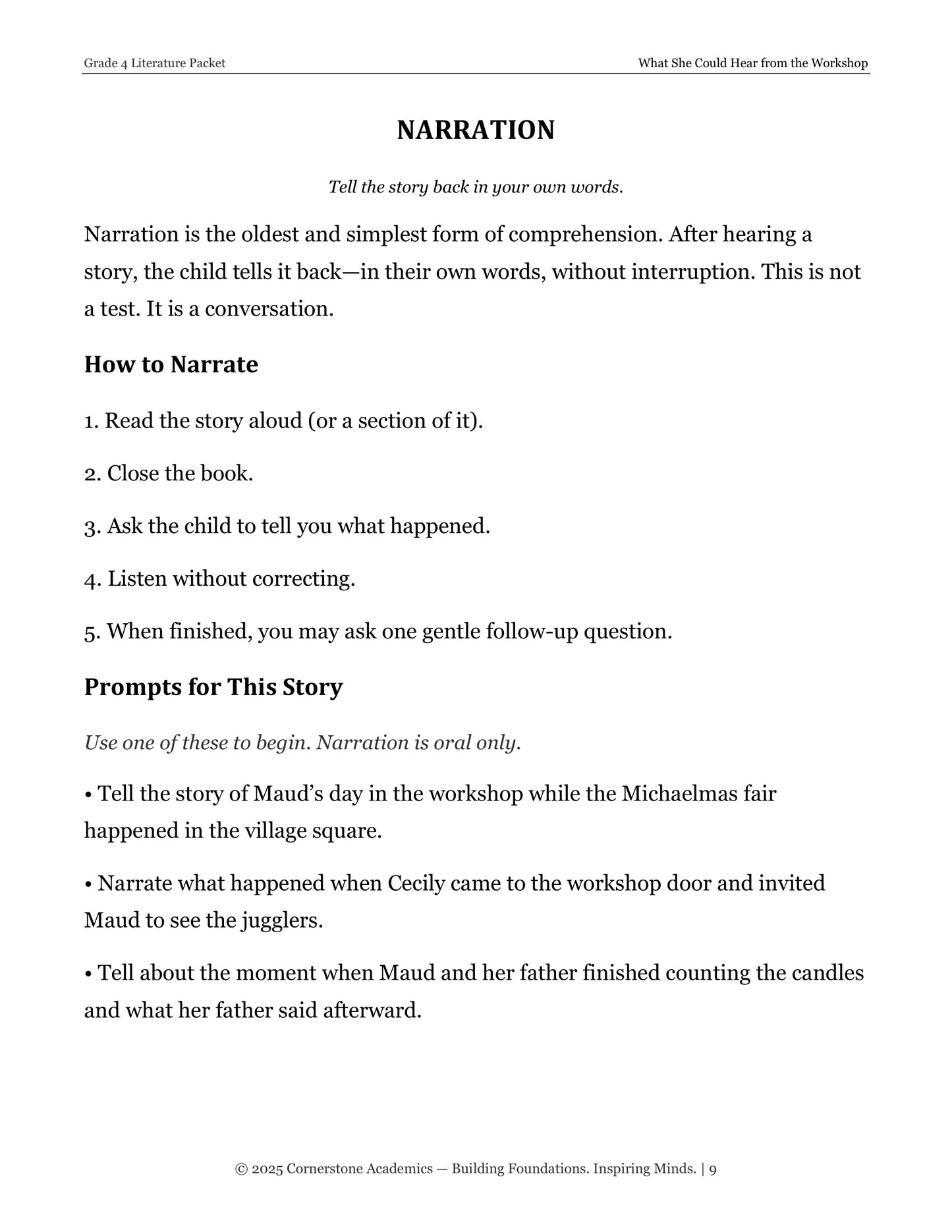 Narration prompts page from What She Could Hear from the Workshop, Grade 4 literature packet