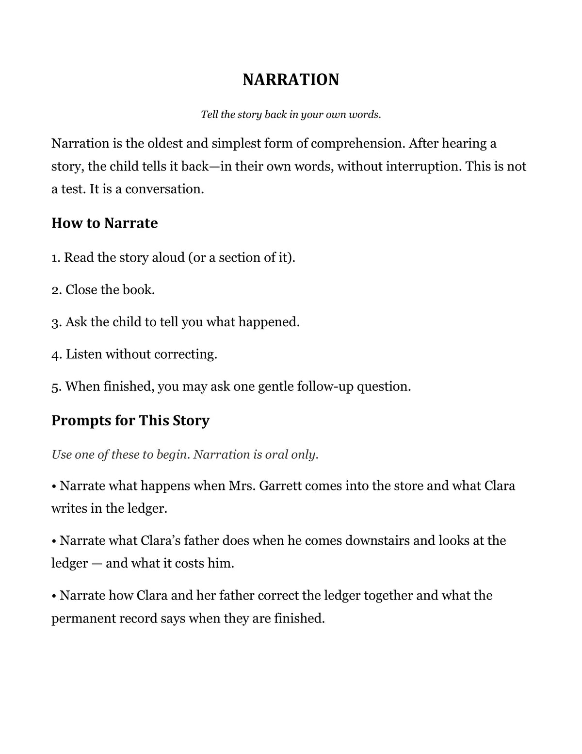 Narration prompts page from The Ledger, Grade 4 literature packet