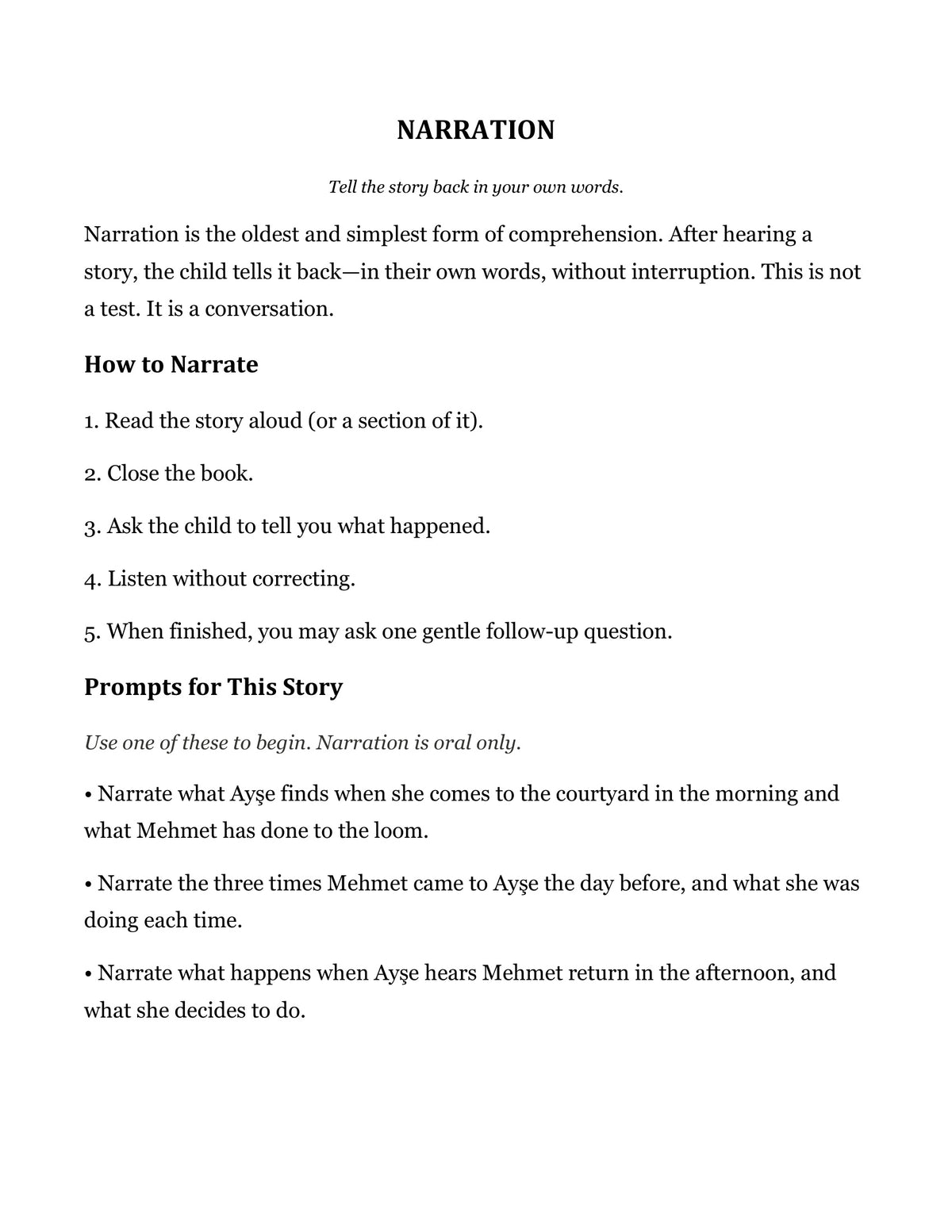 Narration prompts page from The Wedding Cloth, Grade 4 literature packet