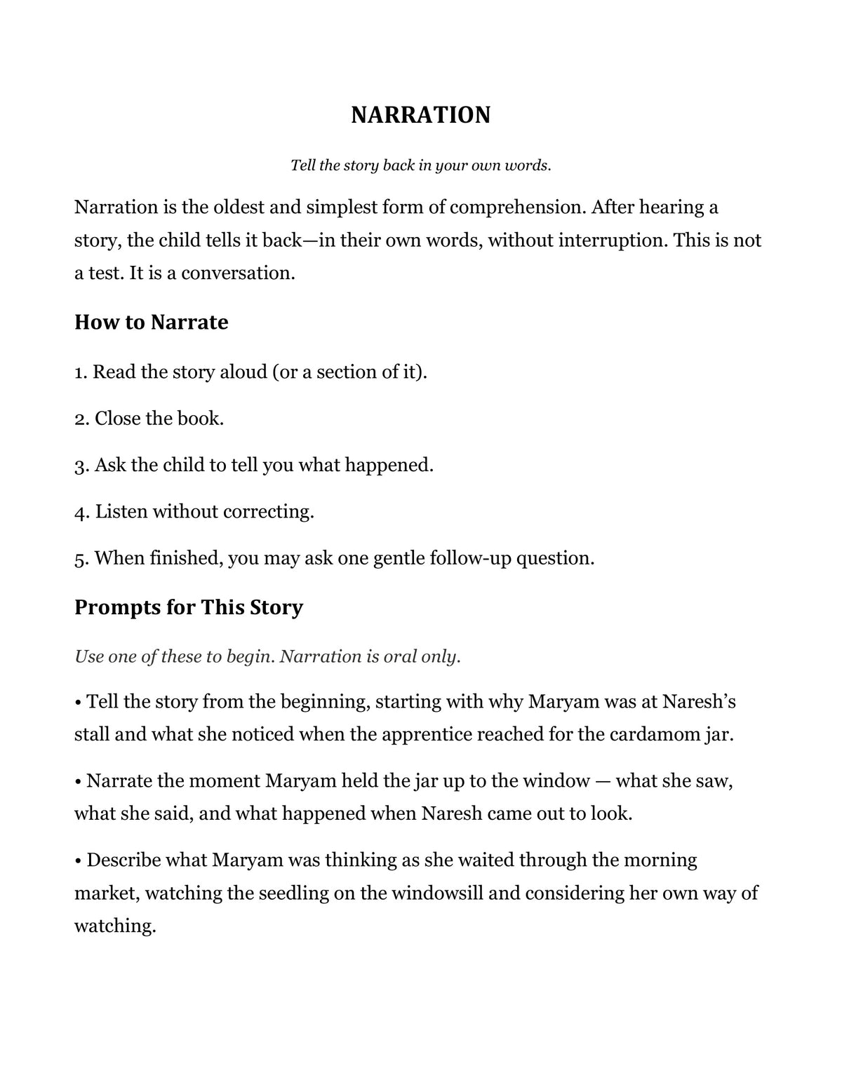 Narration prompts page from The Herb Jars, Grade 4 literature packet
