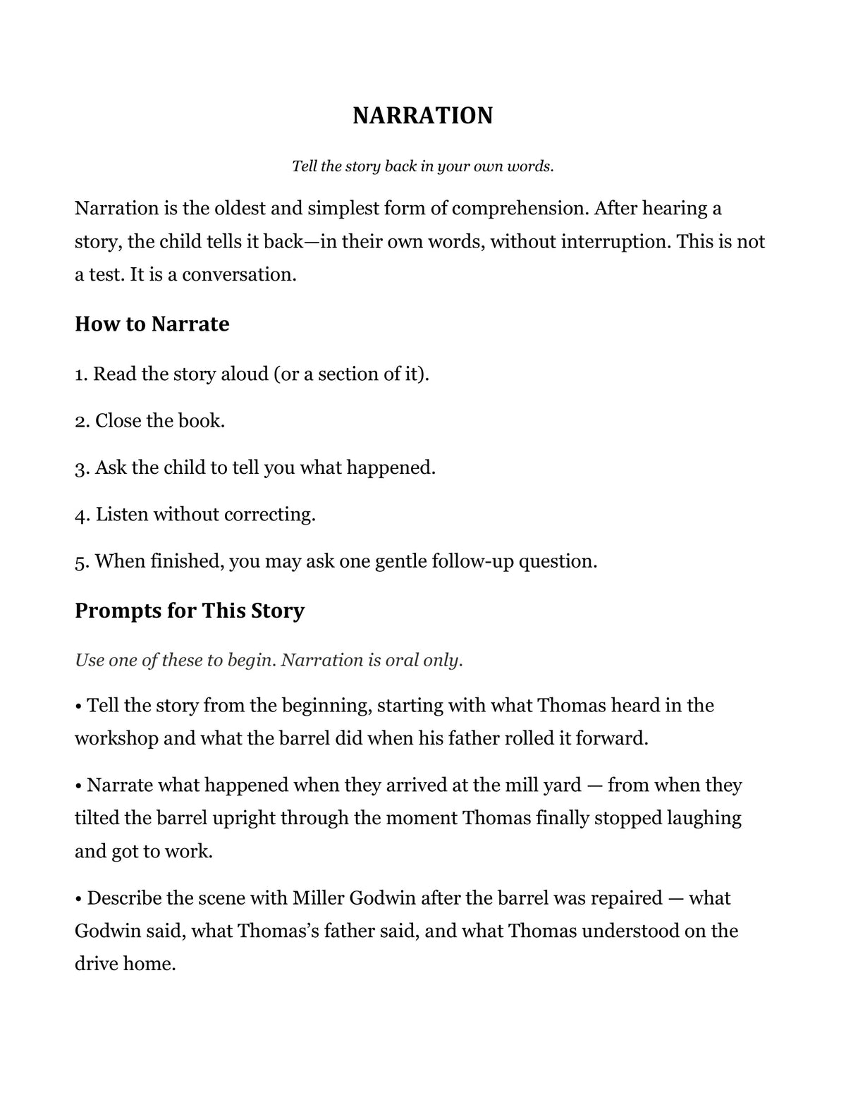 Narration prompts page from The Crooked Barrel, Grade 4 literature packet
