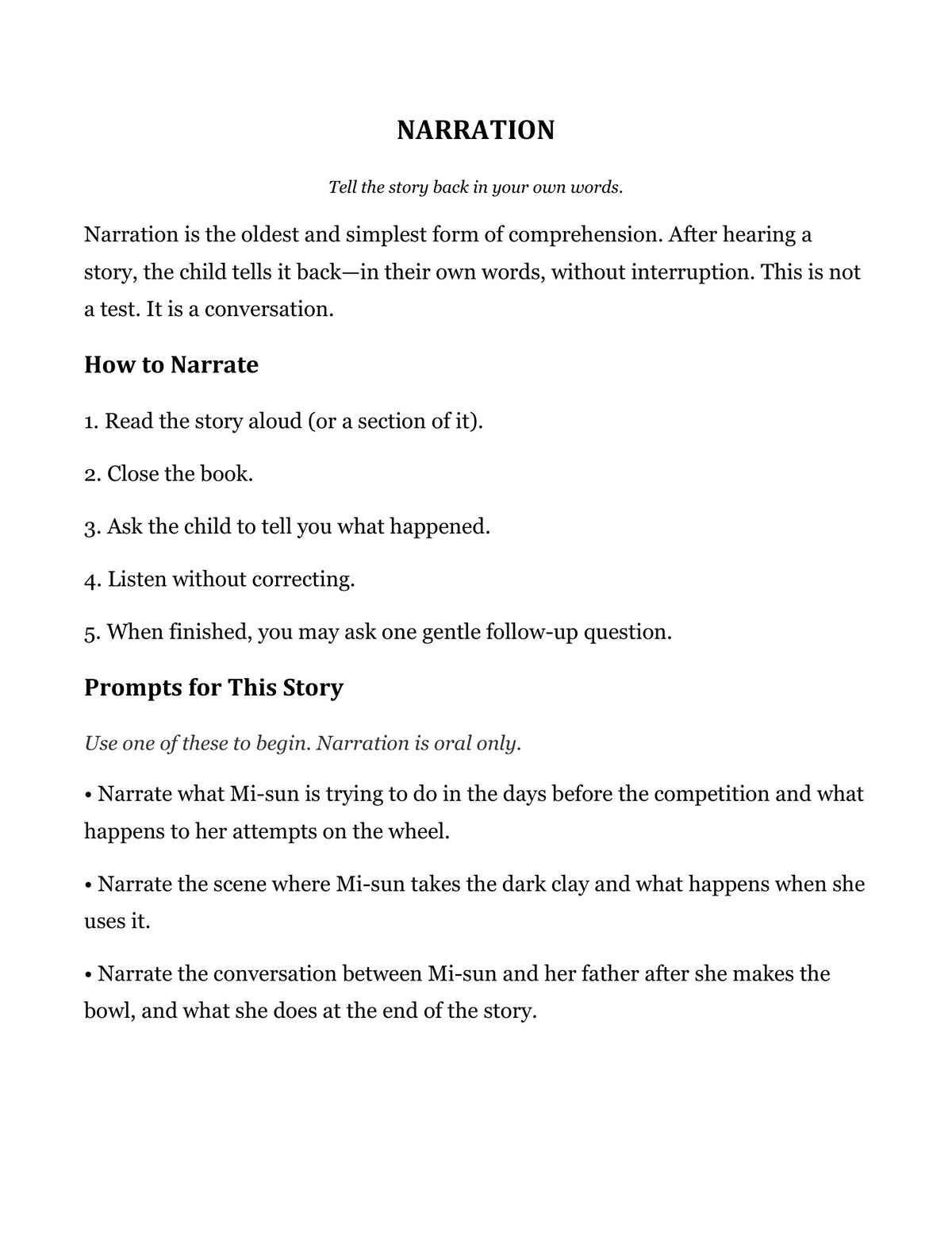 Narration prompts page from The Thing She Made That She Kept, Grade 5 literature packet