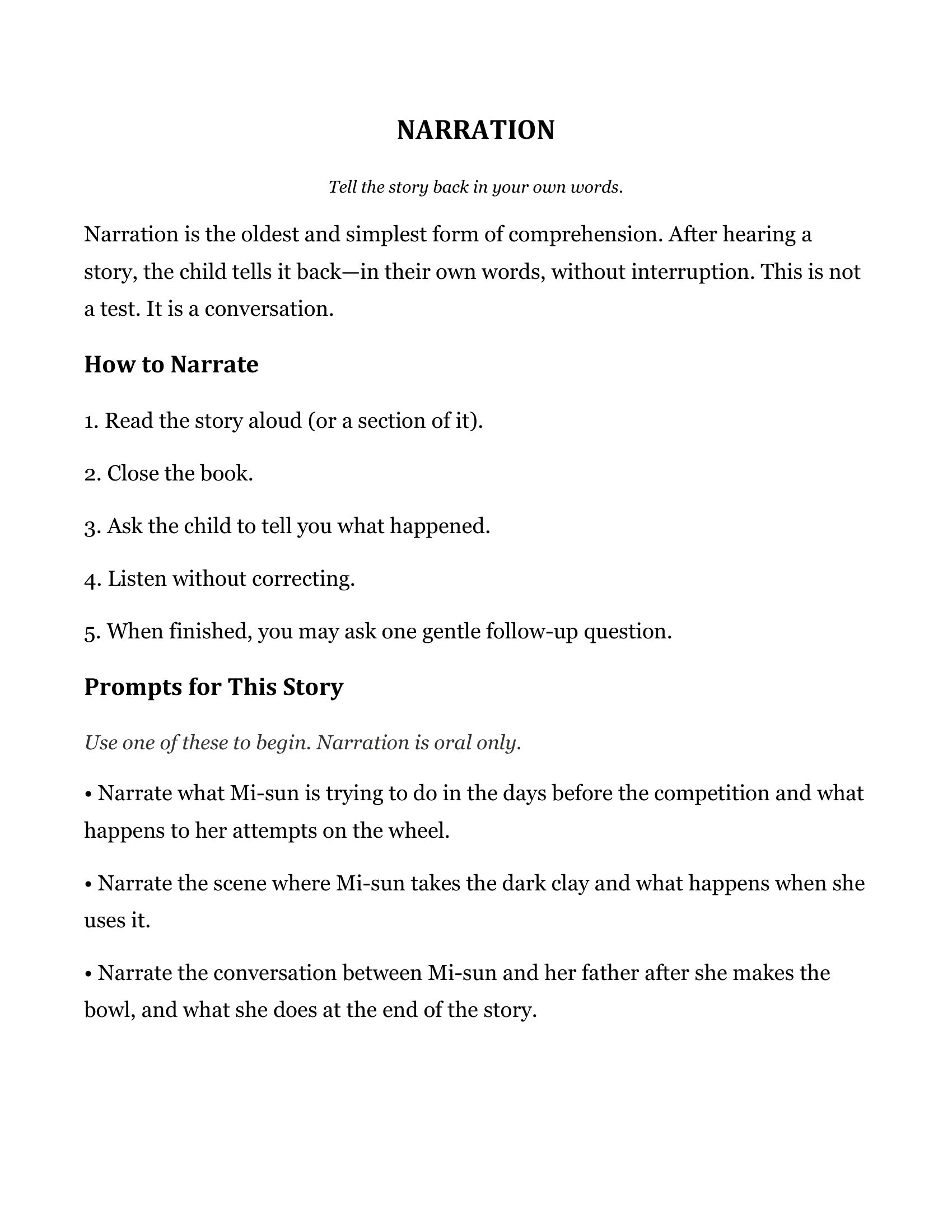 Narration prompts page from The Thing She Made That She Kept, Grade 5 literature packet