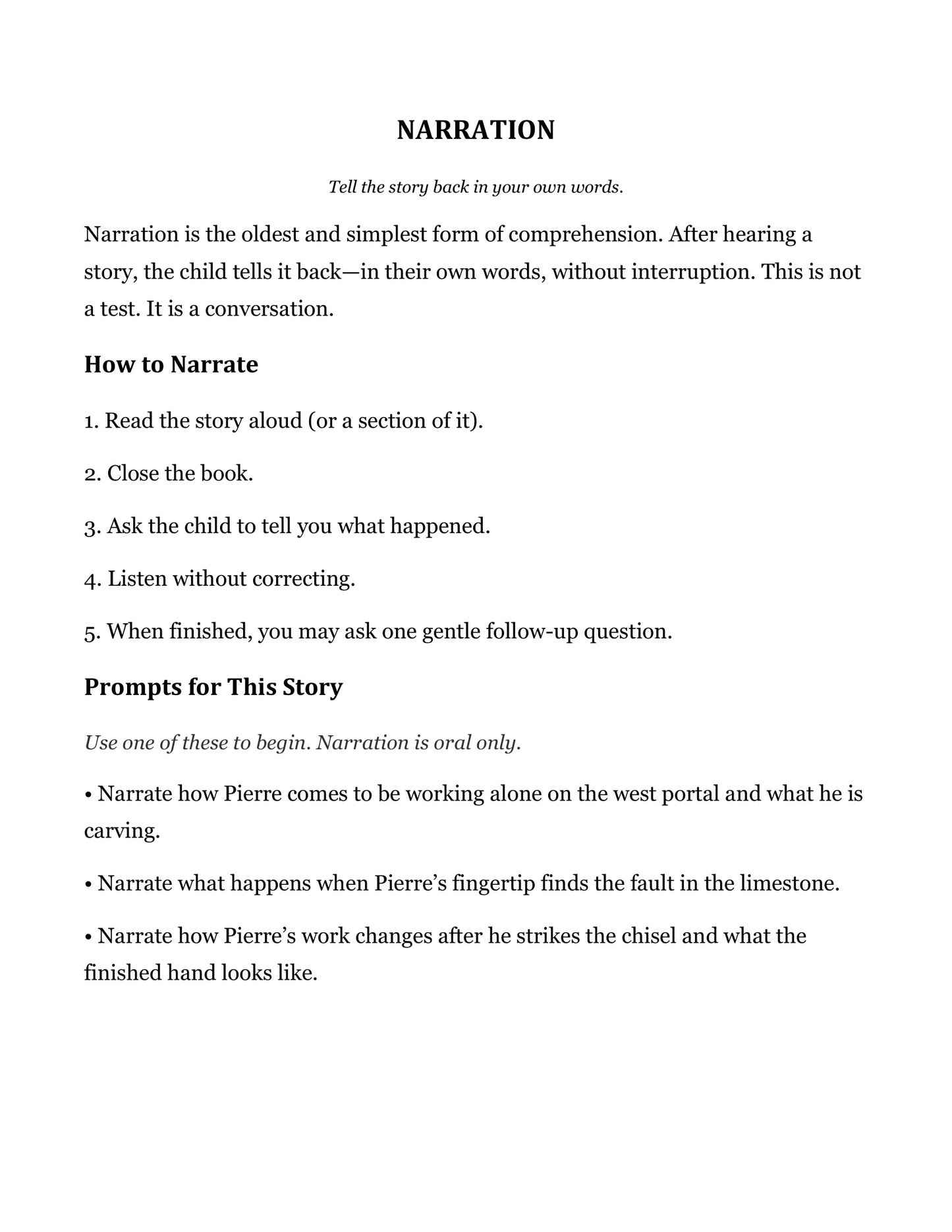 Narration prompts page from The West Portal, Grade 4 literature packet
