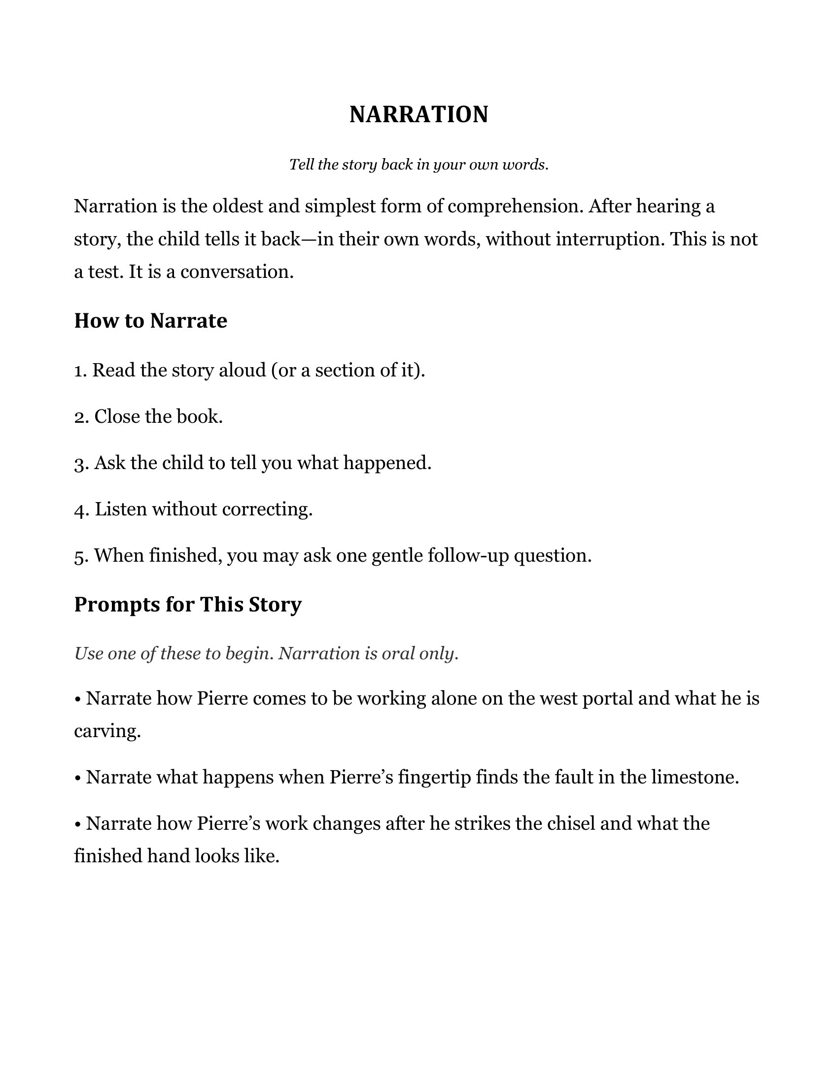 Narration prompts page from The West Portal, Grade 4 literature packet