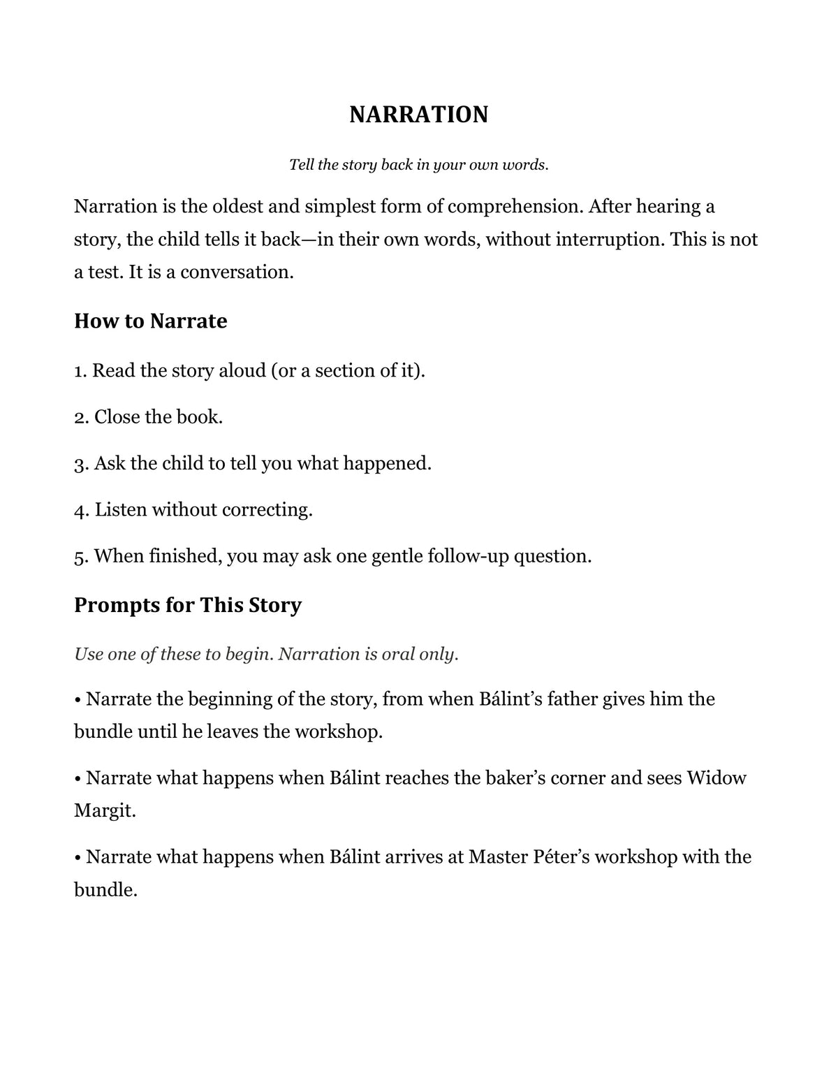 Narration prompts page from The Leather Bundle, Grade 4 literature packet