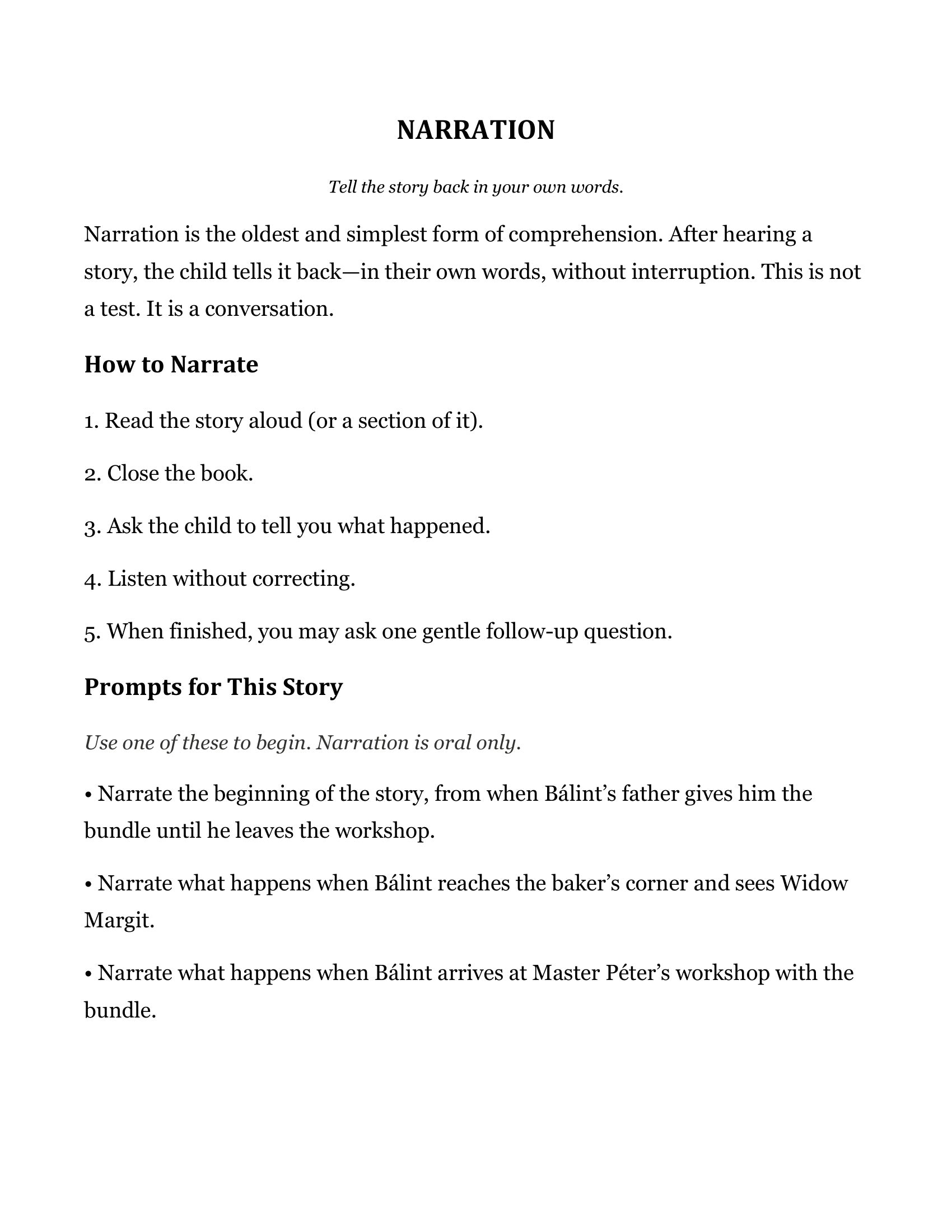 Narration prompts page from The Leather Bundle, Grade 4 literature packet
