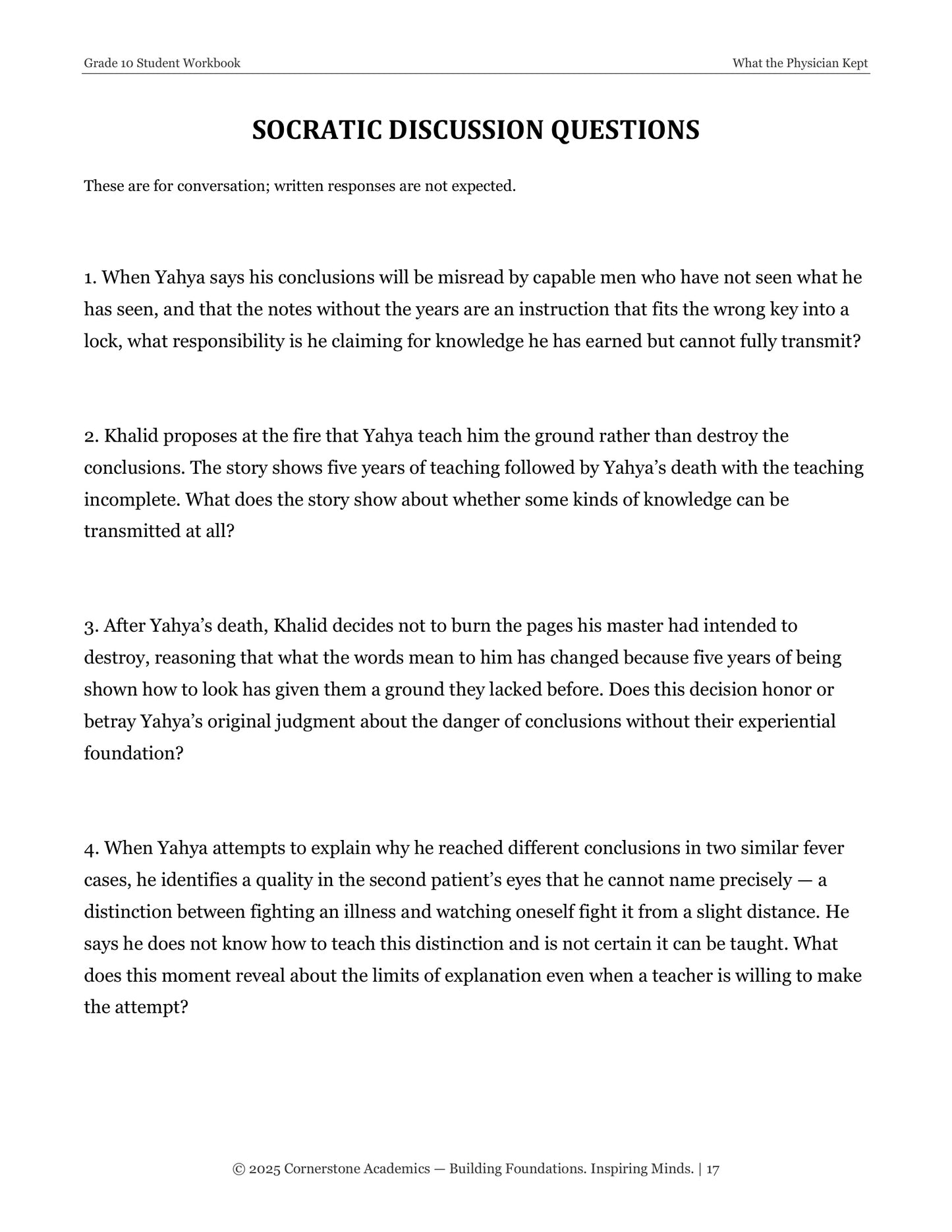 What the Physician Kept | Grade 10 Classical Literature Packet | Cornerstone Academics